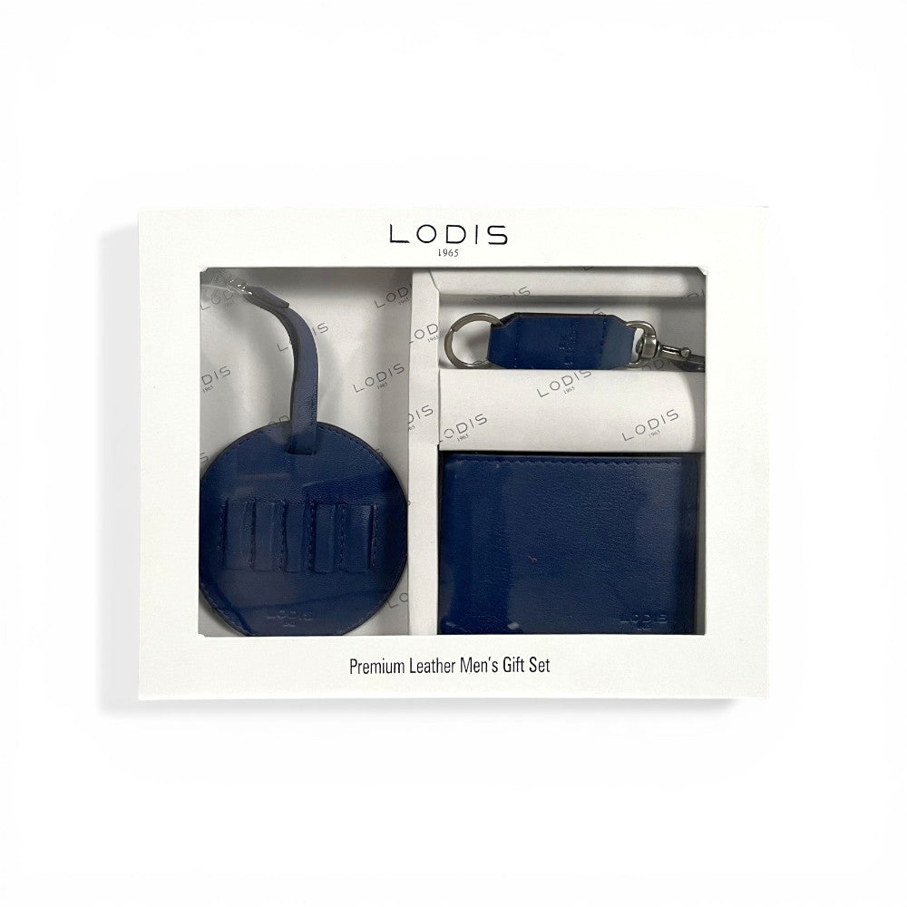 Lodis Men's Golf Tee Holder Set in Navy – Close-Up of Embossed Logo Detail on Round Leather Bag Tag | Lodis 1965