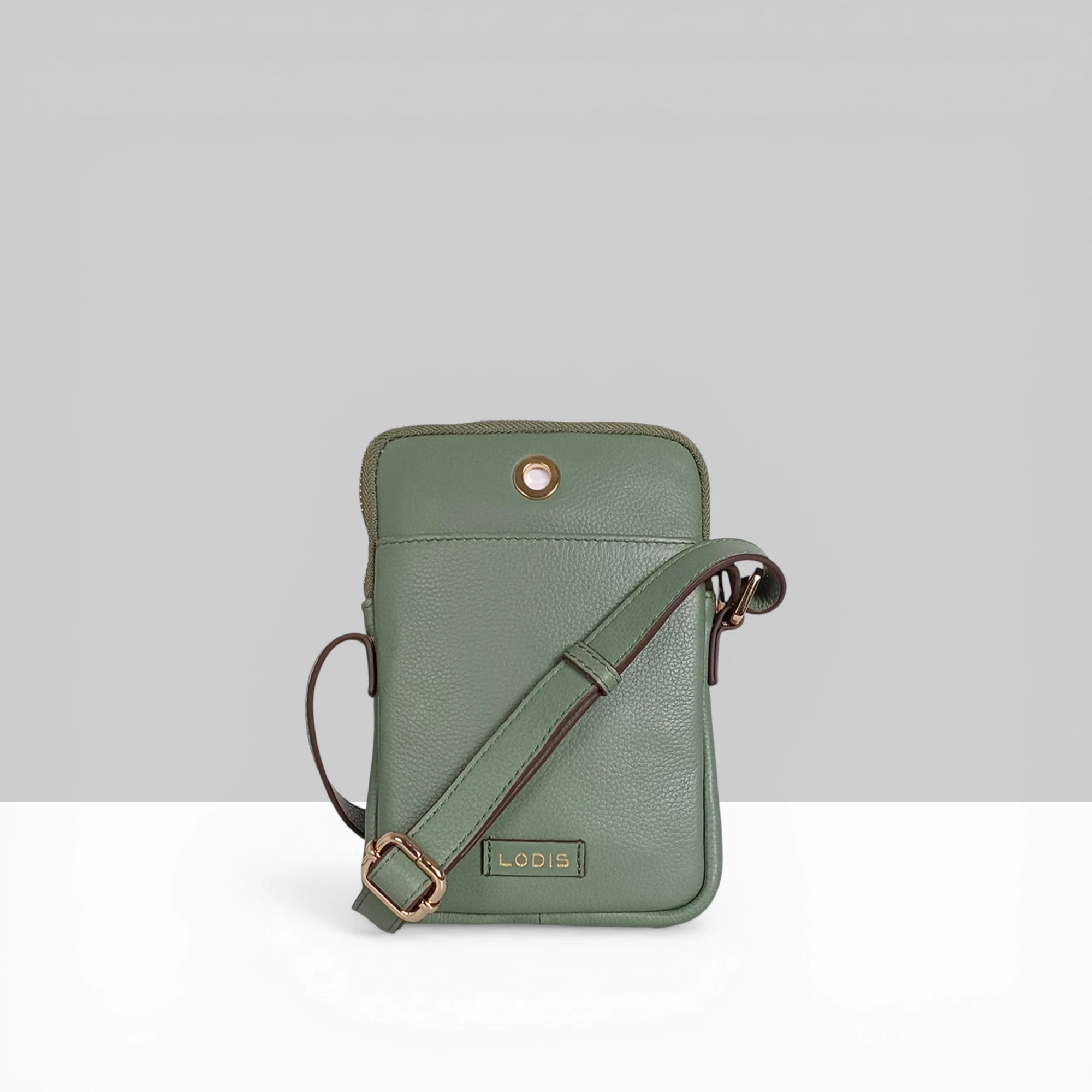 Lodis Solstice Phone Crossbody in Sage Green – Back View, Genuine Pebbled Leather with Snap Hardware and Adjustable Strap | Lodis 1965