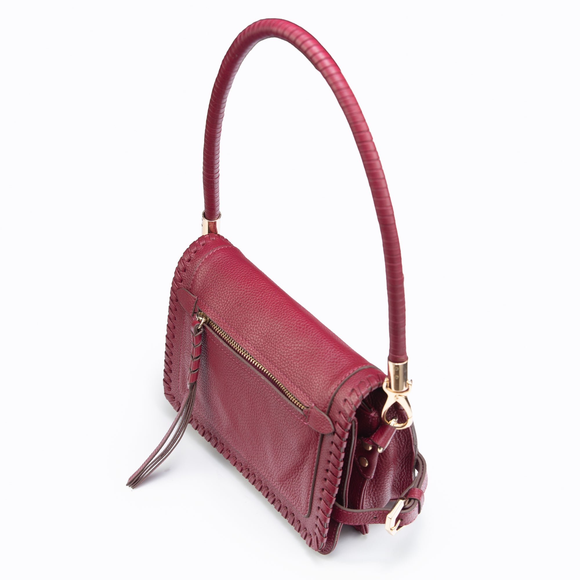 Lodis Elina EW Crossbody wine glazed leather bag close-up showing whipstitch trim, gold zip closure, and braided top handle