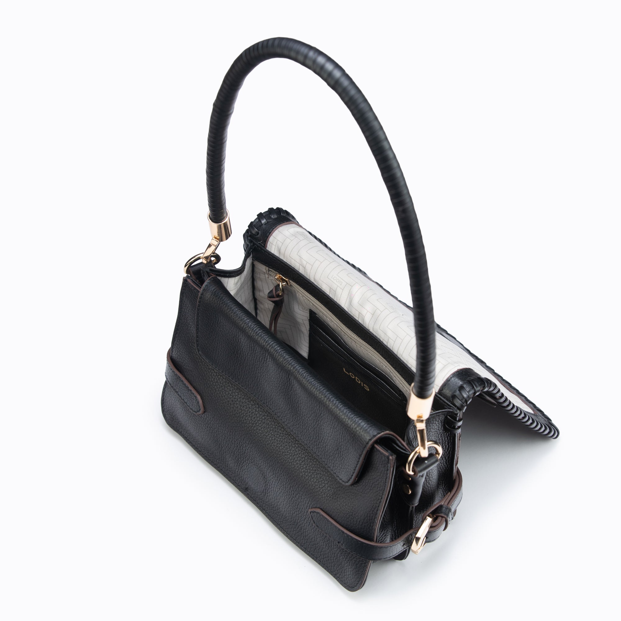 Lodis Elina EW Crossbody black glazed leather bag open view showing light gray interior lining, card slots, and gold hardware