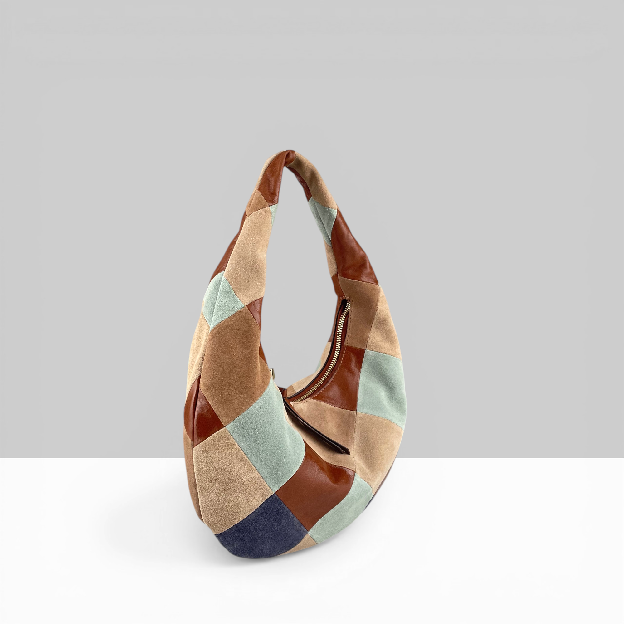 Lodis Willo Patchwork hobo bag in multicolor suede and leather with color block design – side view