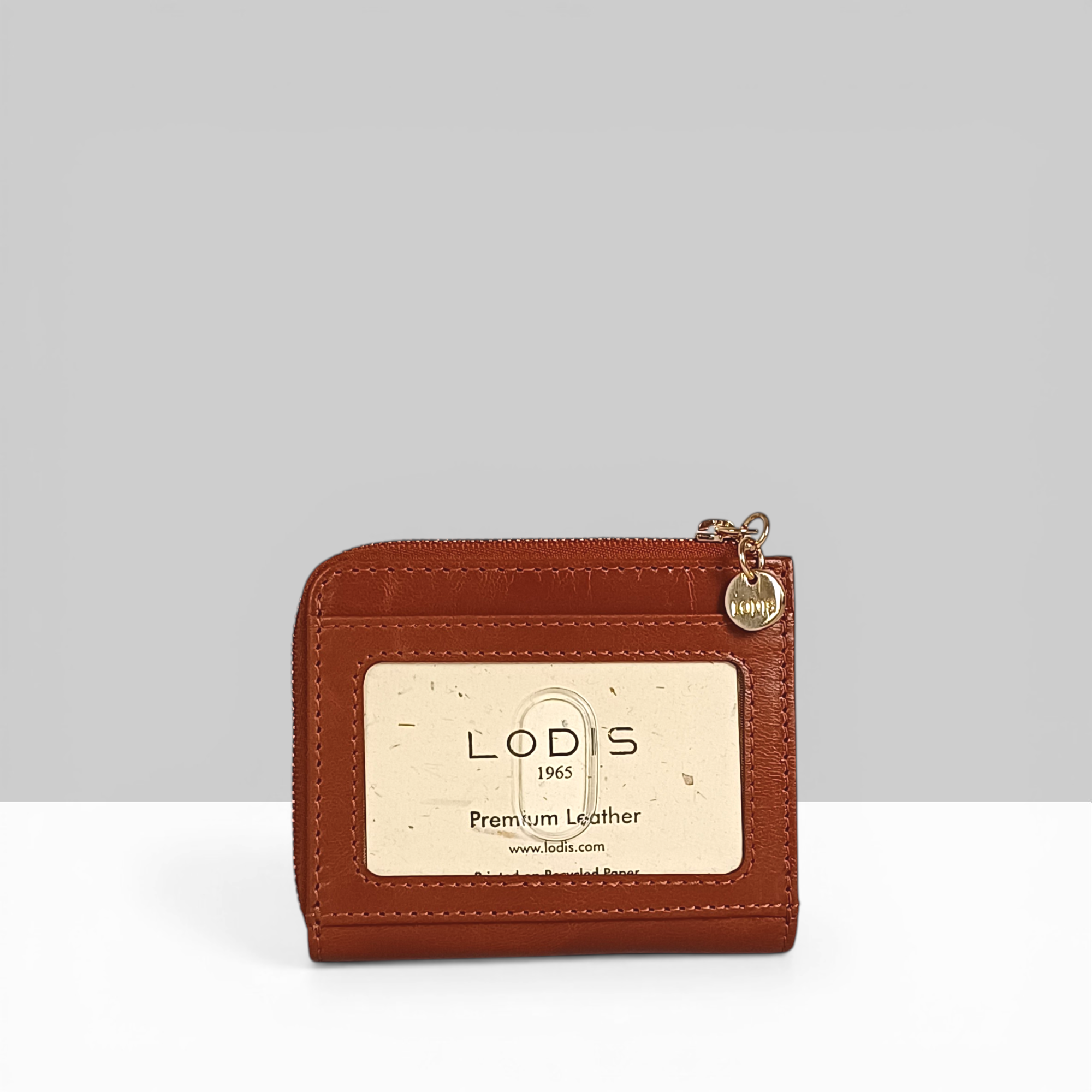 Overglow French L Zip Wallet in Chestnut Pebbled Leather – Angled Back View Showing Lodis 1965 Premium Leather Insert Card and Gold Charm | Lodis 1965