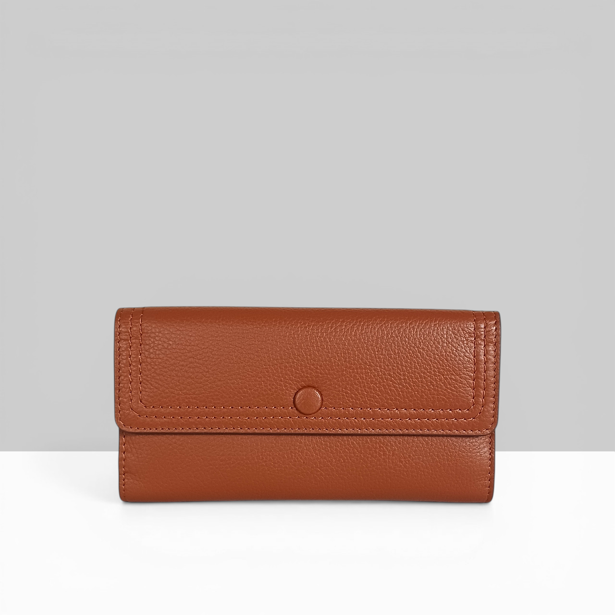 Lodis Kiara Large Flap Wallet in chestnut pebbled leather with snap closure – front view