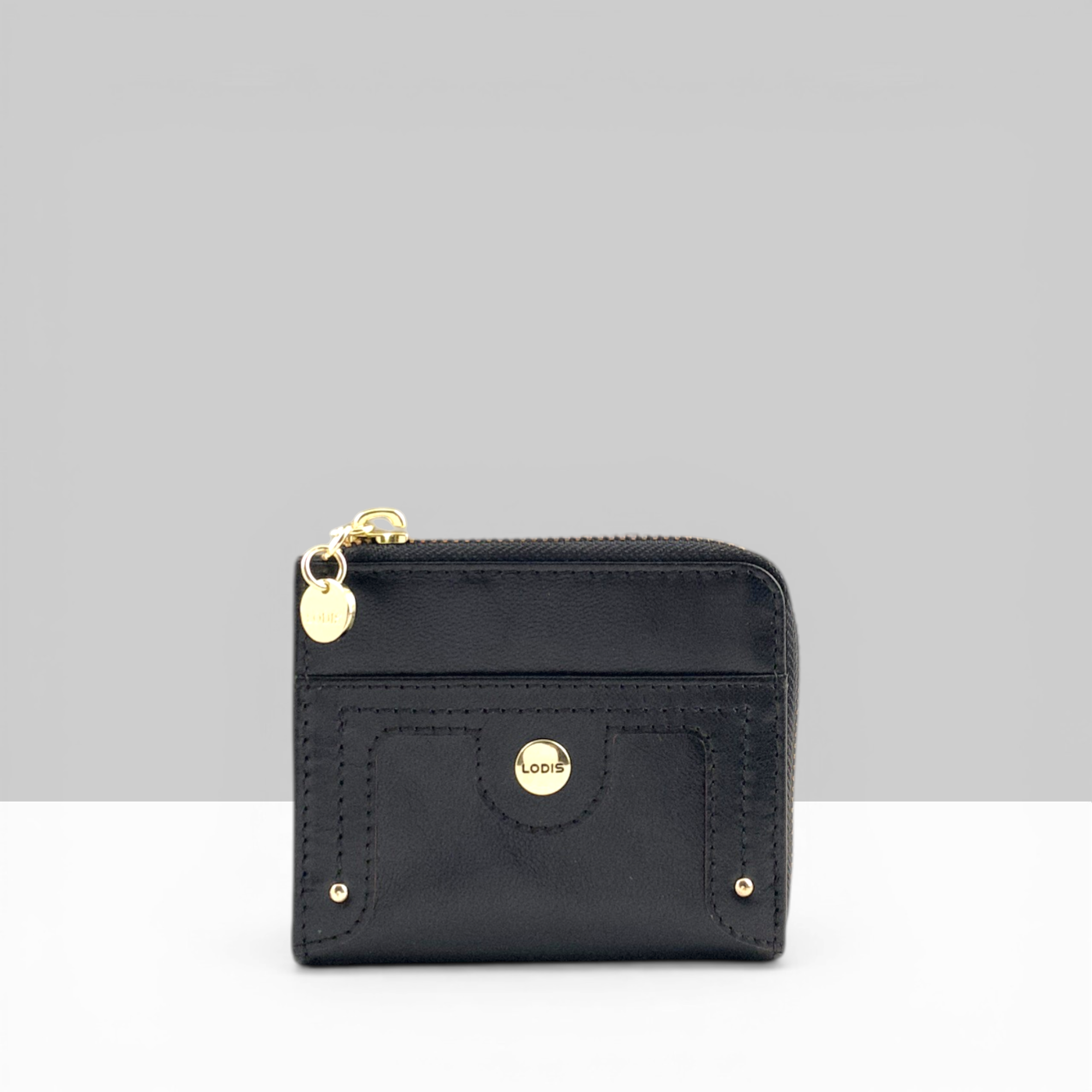 Overglow French L Zip Wallet in Black Pebbled Leather – Front View with Gold Zip Closure, Snap Pocket, and Lodis Logo Detail | Lodis 1965