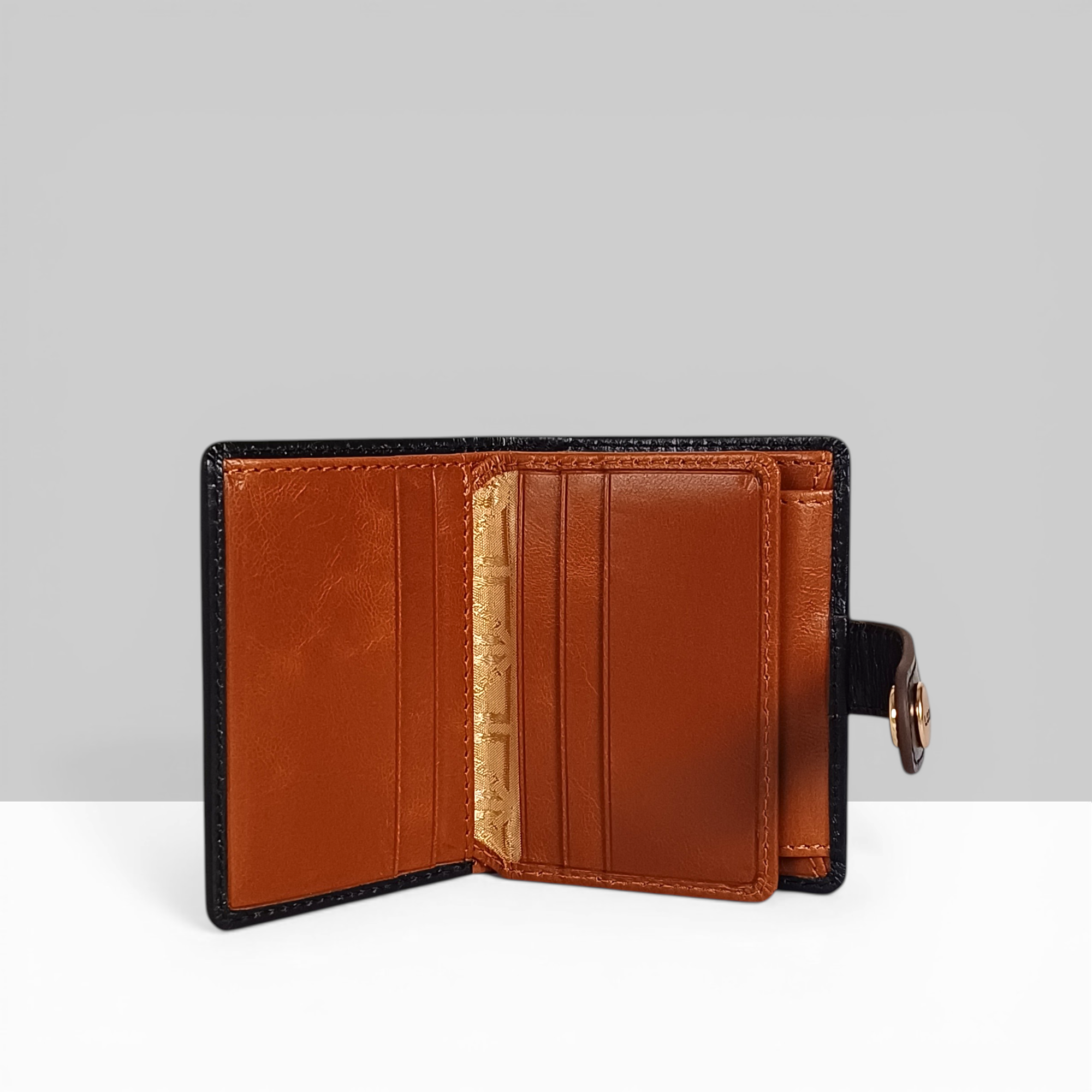 Lodis Overglow Slim Wallet Open View – Black Leather with Tan Interior and Multiple Card Slots