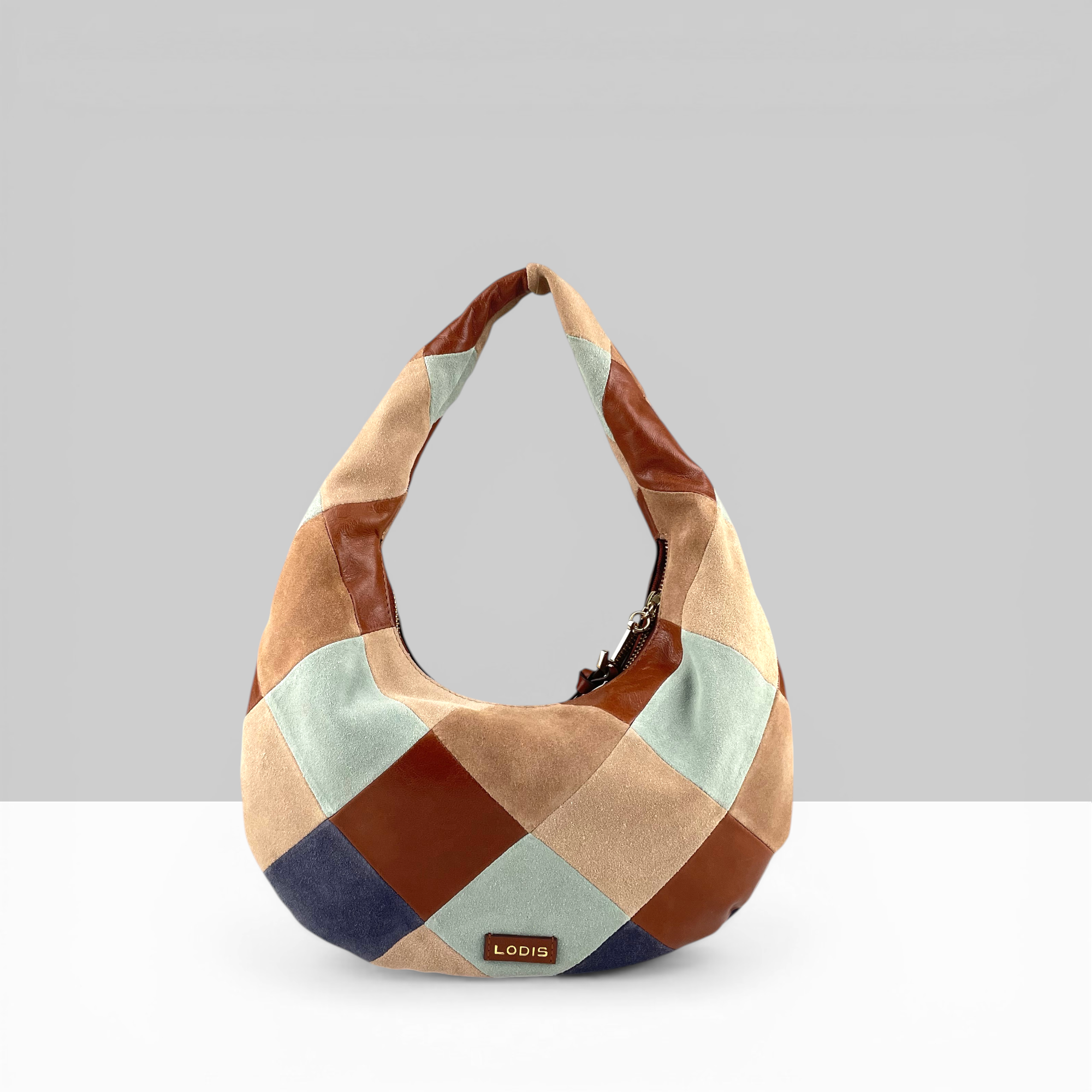 Lodis Willo Patchwork hobo bag in multicolor suede and leather color block design showing Lodis logo patch – back view
