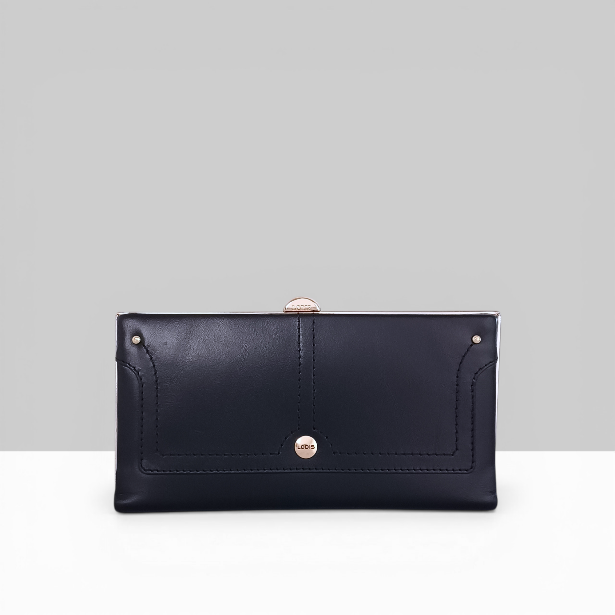 Overglow Clutch Frame Wallet in Black Patent Leather – Front View with Rose Gold Frame Clasp and Lodis Logo Detail | Lodis 1965