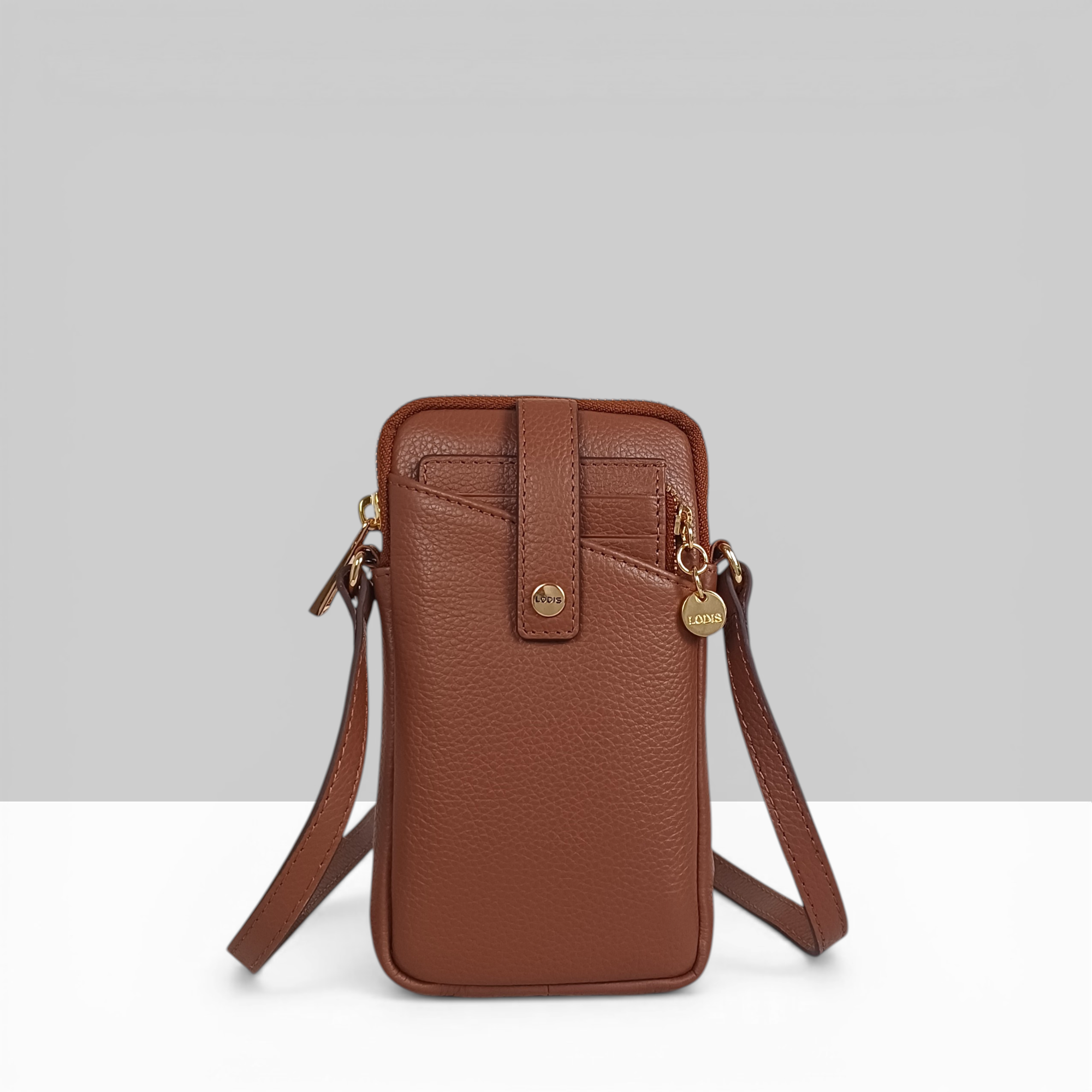 Lodis brown pebbled leather phone crossbody bag with gold hardware and adjustable strap