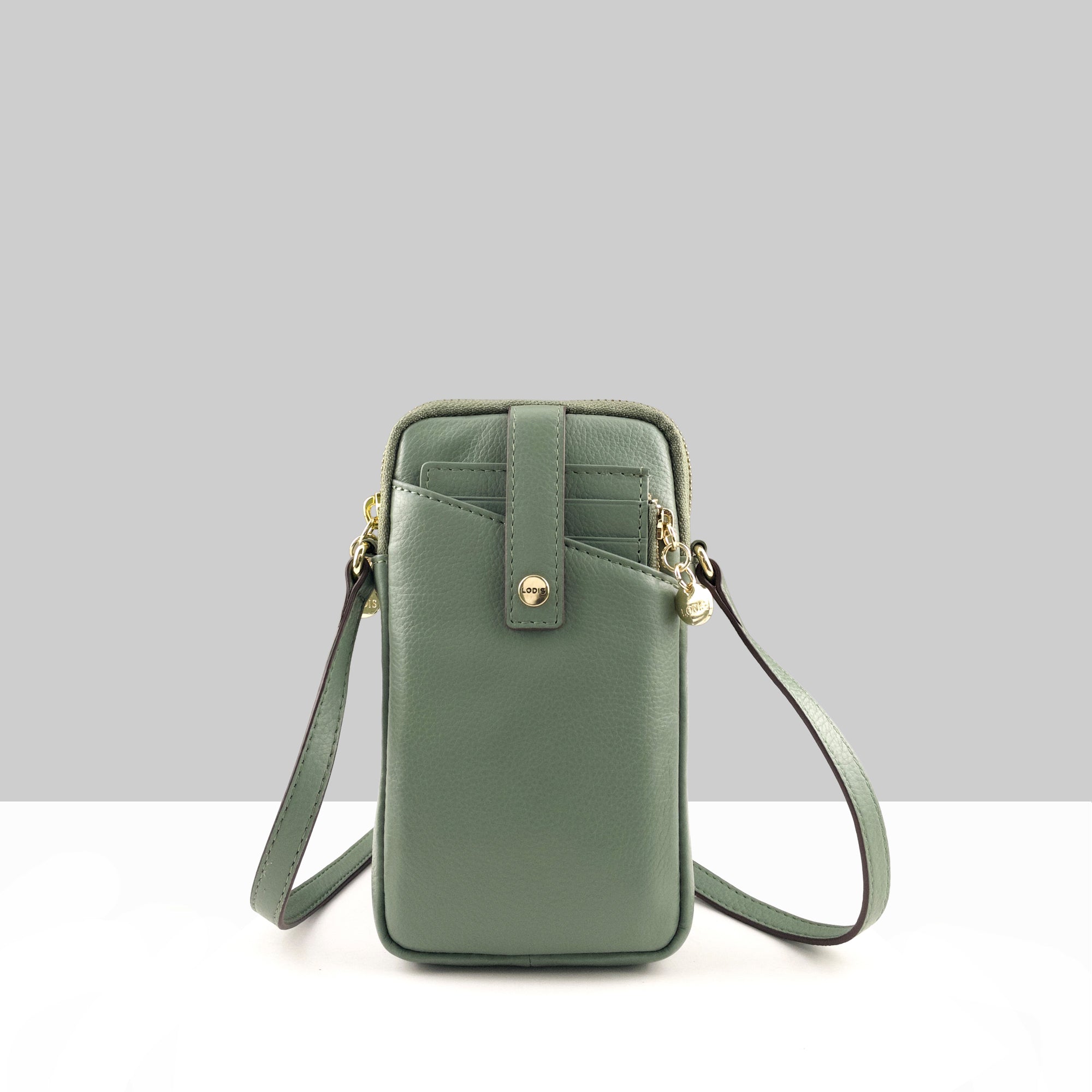 Lodis Catalina City Sling sage green pebbled leather crossbody phone bag with snap closure, front pocket, and gold hardware
