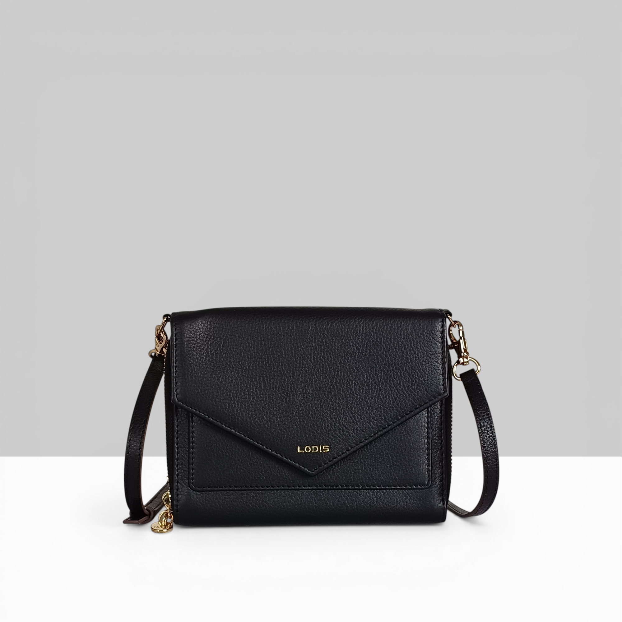 Lodis Vista Small Envelope Crossbody in Black Leather – Structured Flap Closure Front View