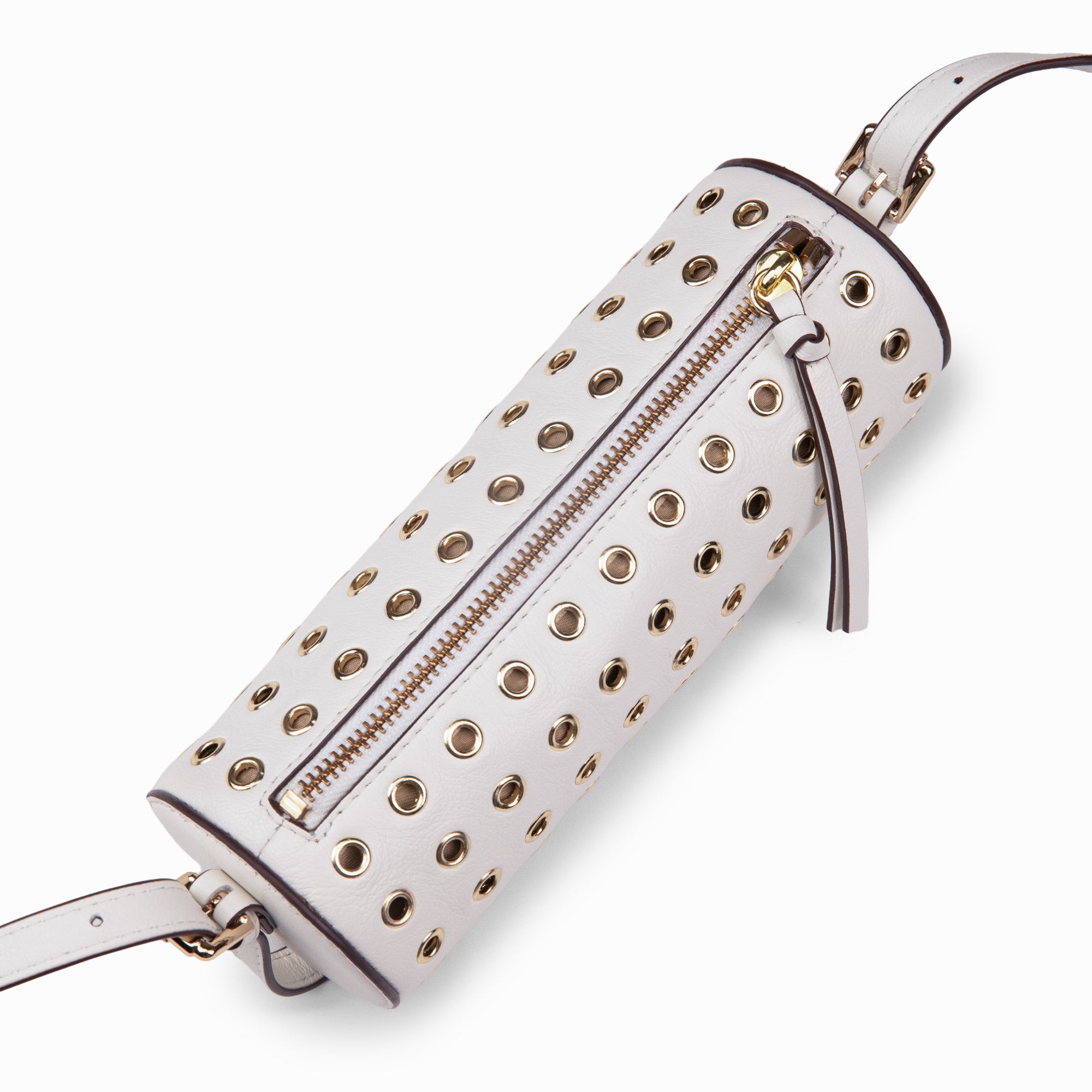 Lodis Stephanie Barrel Bag white leather close-up showing all-over gold grommet detail and top zipper closure