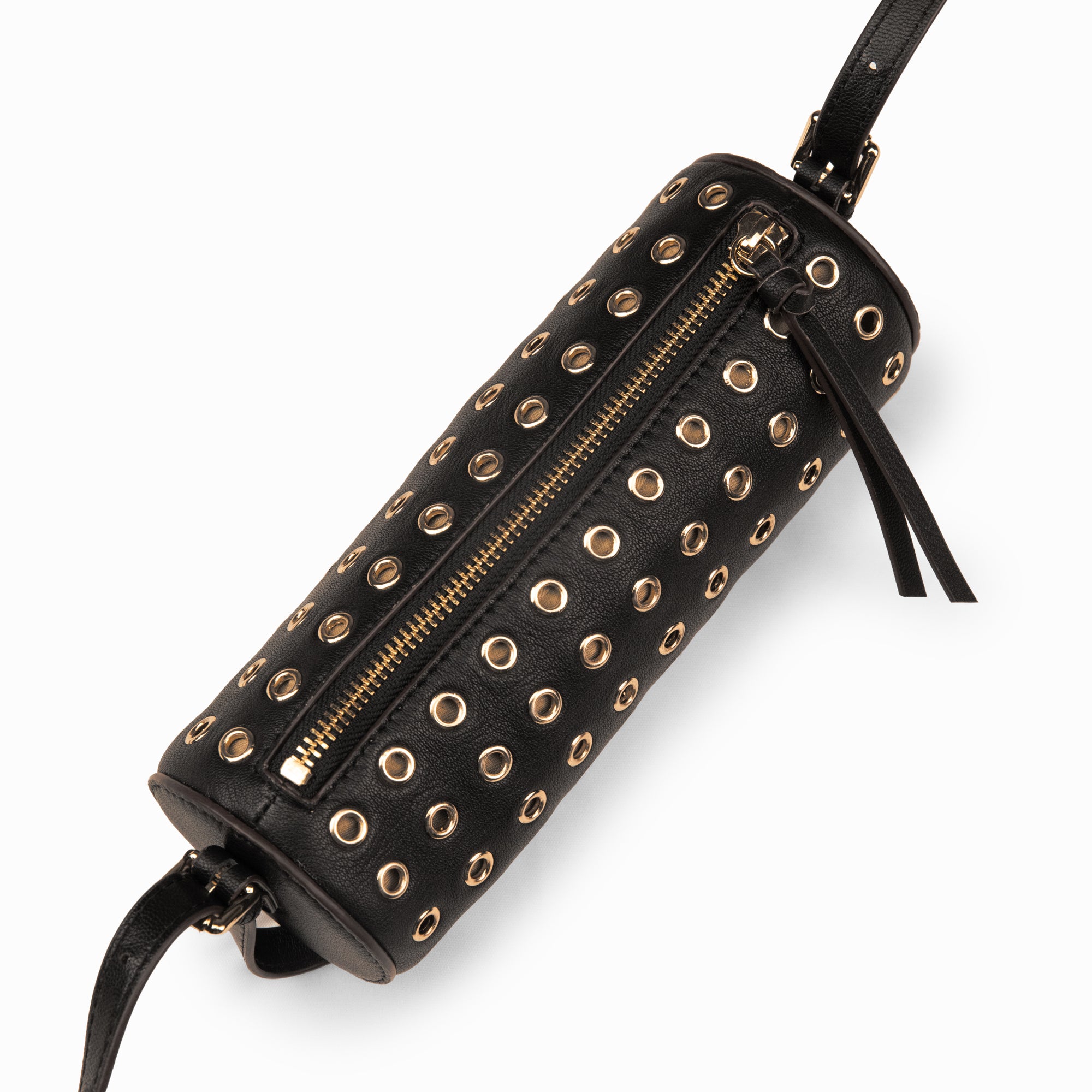 Lodis Stephanie Barrel Bag black leather close-up showing all-over gold grommet detail and top zipper closure