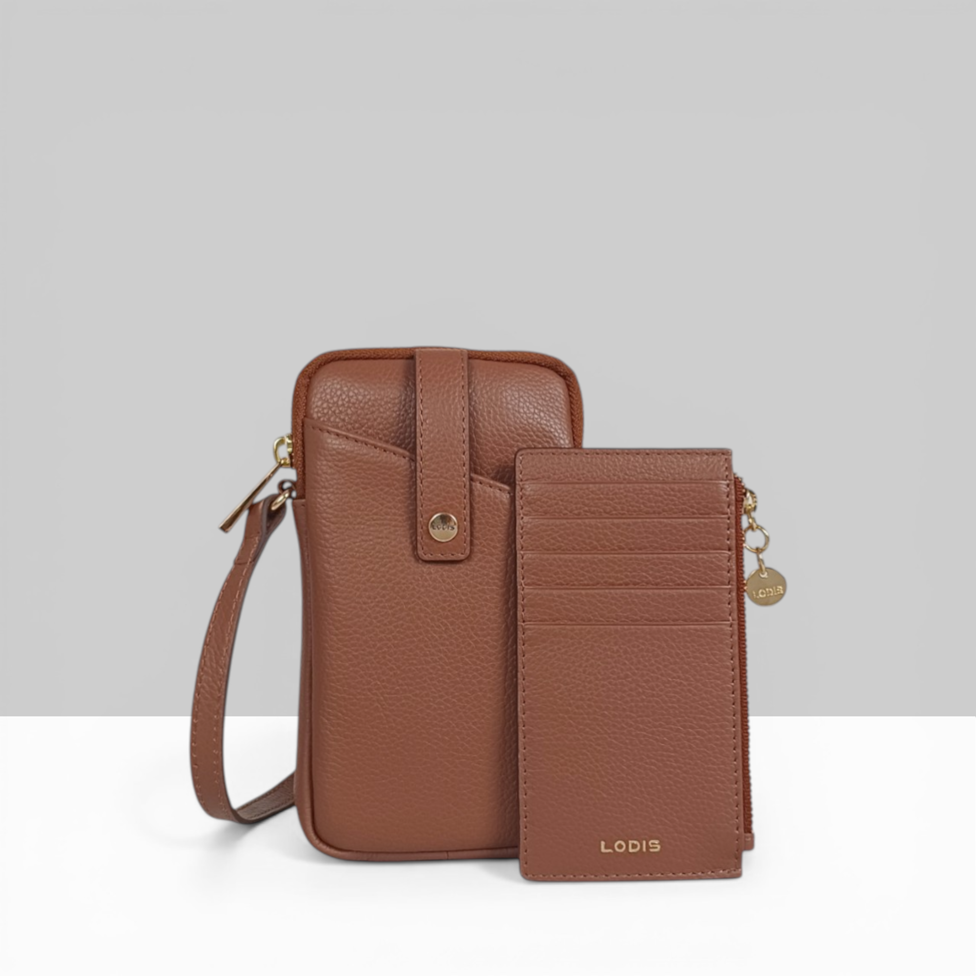 Lodis Catalina City Sling brown pebbled leather crossbody phone bag with matching card holder wallet and gold hardware