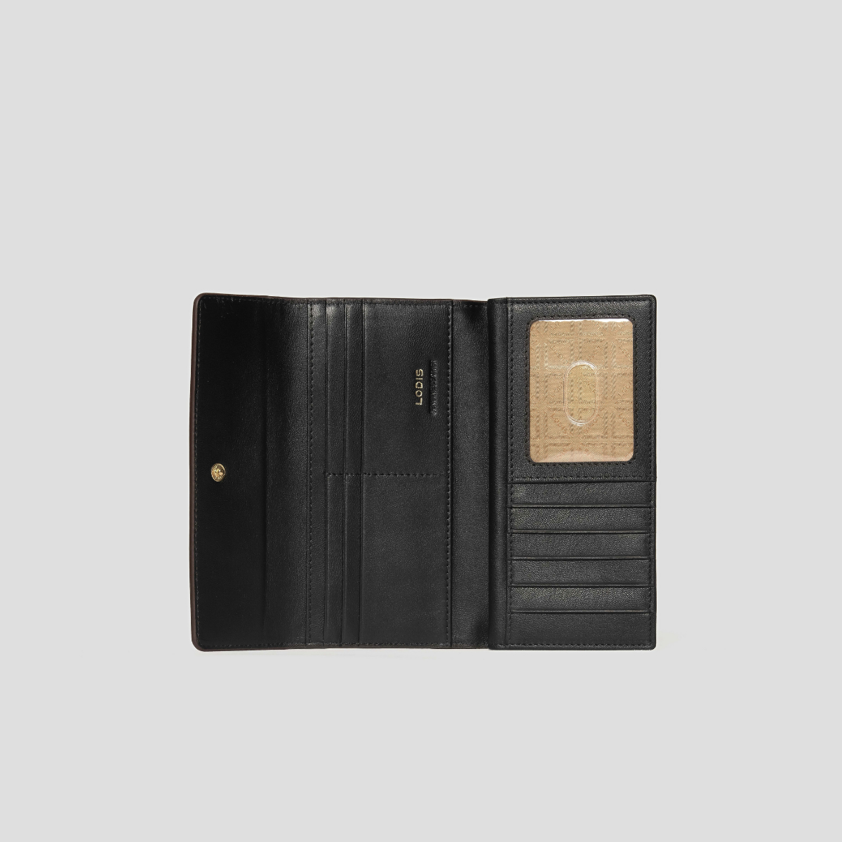 Lodis Amara Checkbook Clutch in Black - Interior View Open Showing Clear ID Window, Multiple Card Slots and Bill Compartments in Smooth Black Texas Leather | Lodis 1965