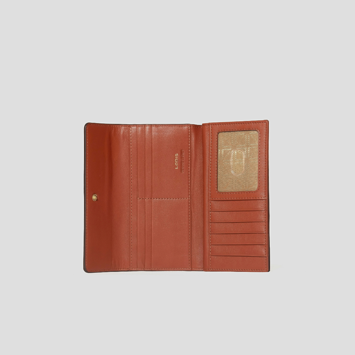 Lodis Amara Checkbook Clutch in Chestnut - Interior View Open Showing Clear ID Window, Multiple Card Slots and Bill Compartments in Smooth Chestnut Texas Leather | Lodis 1965
