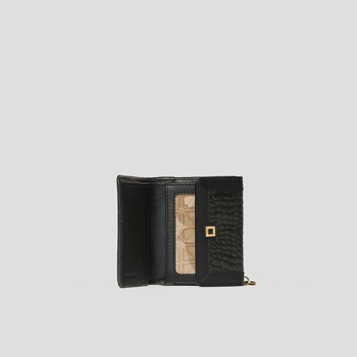 Lodis Amara French Purse in Black - Partially Open Interior View Showing Card Slots, Clear ID Window and Croco-Embossed Inner Flap with Gold-Tone Logo Plate | Lodis 1965