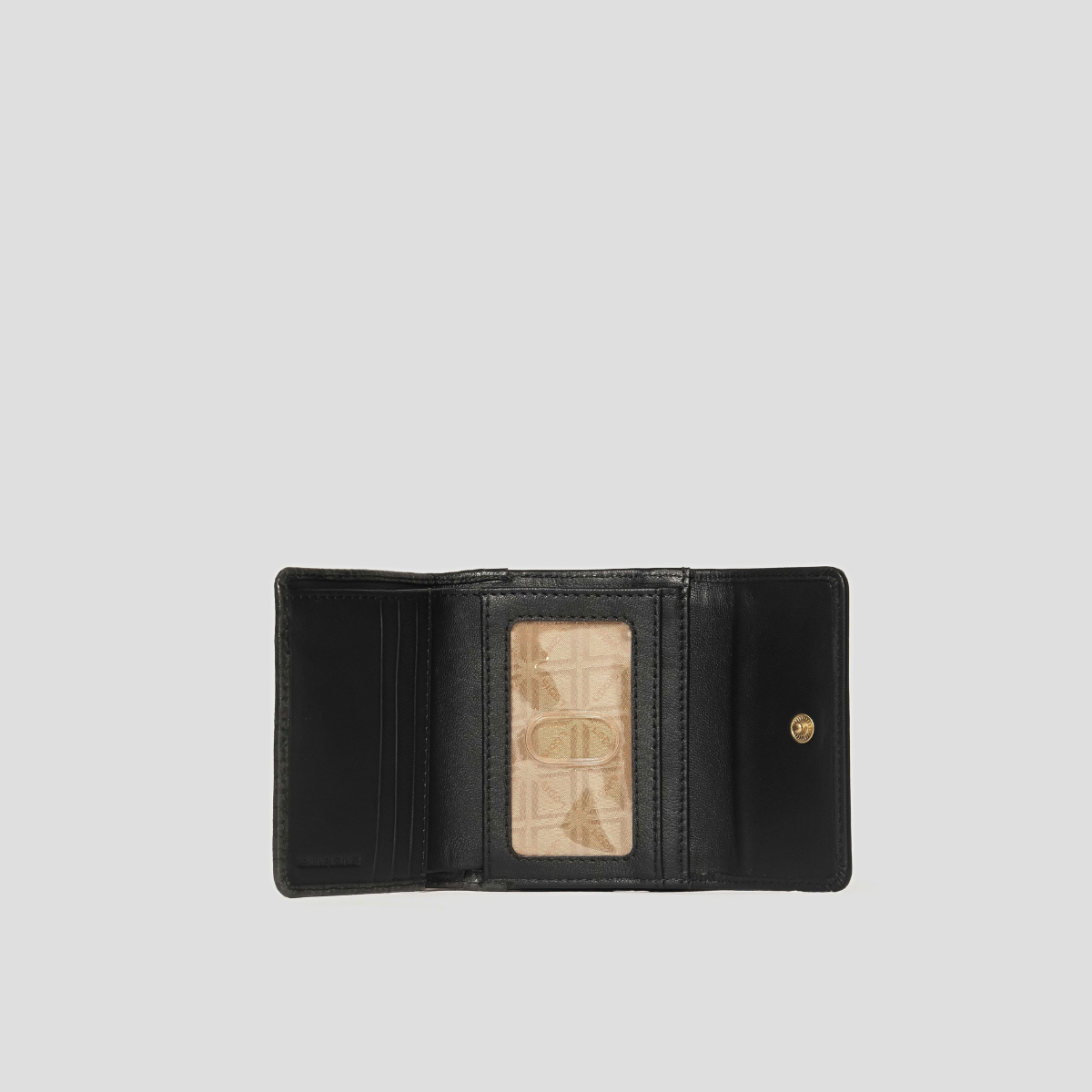 Lodis Amara French Purse in Black - Interior View Open Flat Showing Clear ID Window, Card Slots and Snap Closure in Smooth Black Texas Leather | Lodis 1965