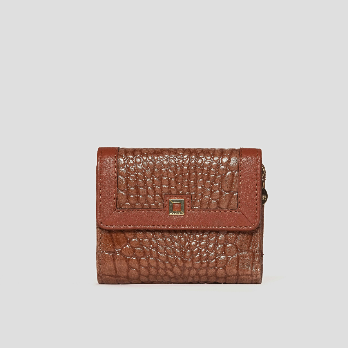 Lodis Amara French Purse in Chestnut - Front View, Cognac Brown Glossy Croco-Embossed Leather Compact Wallet with Smooth Texas Leather Trim and Gold-Tone Square Logo Plate | Lodis 1965