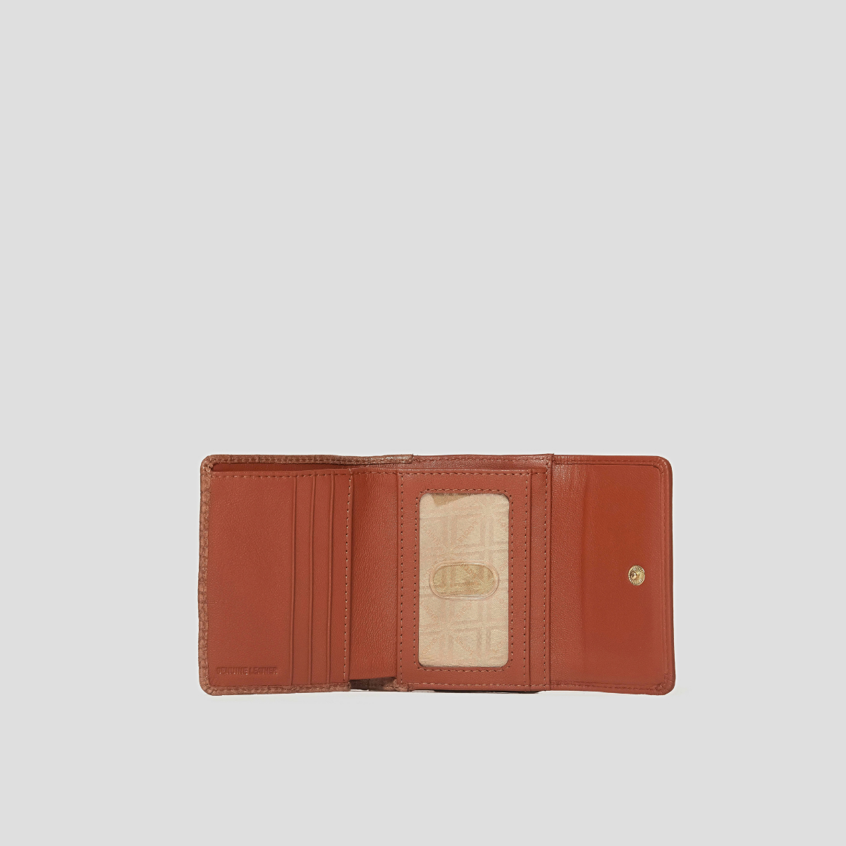 Lodis Amara French Purse in Chestnut - Interior View Open Flat Showing Clear ID Window, Card Slots and Snap Closure in Smooth Chestnut Texas Leather | Lodis 1965