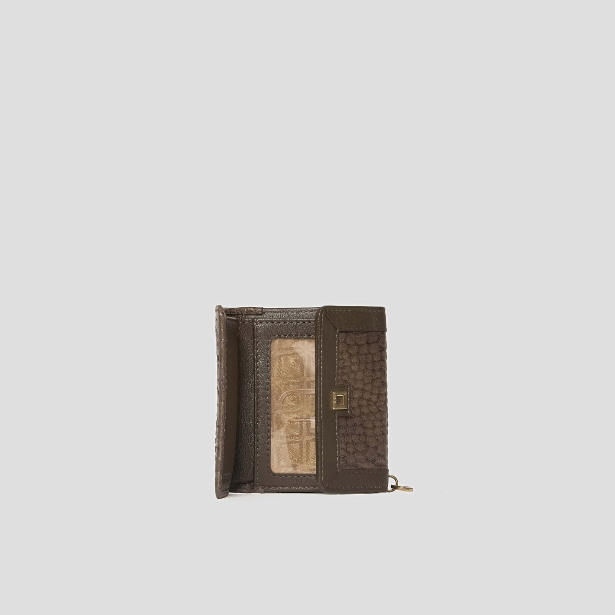 Lodis Amara French Purse in Olivine - Partially Open Interior View Showing Card Slots, Clear ID Window and Croco-Embossed Inner Flap | Lodis 1965