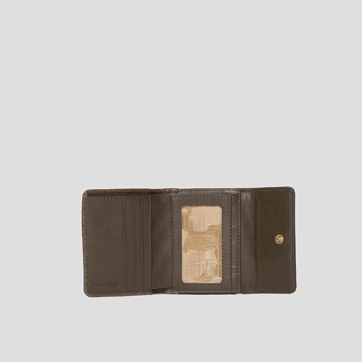 Lodis Amara French Purse in Olivine - Interior View Open Flat Showing Clear ID Window, Card Slots and Snap Closure in Smooth Olive Texas Leather | Lodis 1965