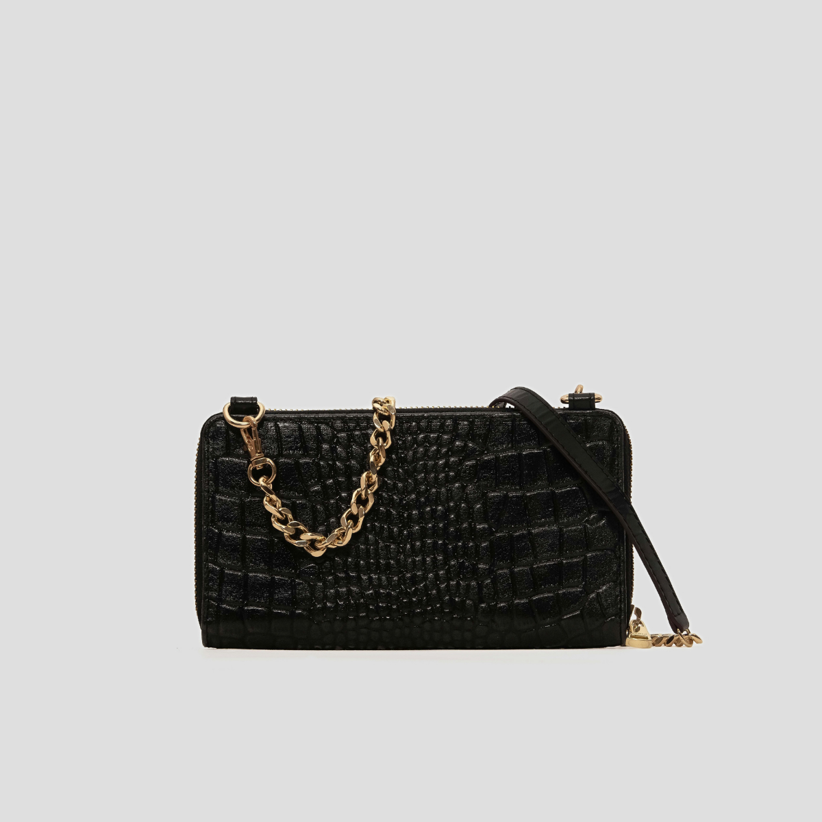 Lodis Amara Sling in Black - Back View Showing Black Glossy Croco-Embossed Leather with Gold-Tone Chain and Leather Strap | Lodis 1965