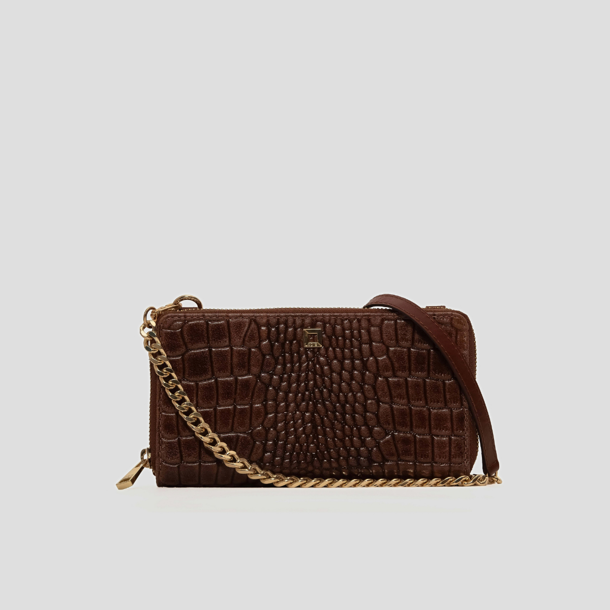 Lodis Amara Sling in Chestnut - Front View, Cognac Brown Glossy Croco-Embossed Leather Crossbody Bag with Gold-Tone Chain Strap, Leather Shoulder Strap and Square Logo Plate | Lodis 1965