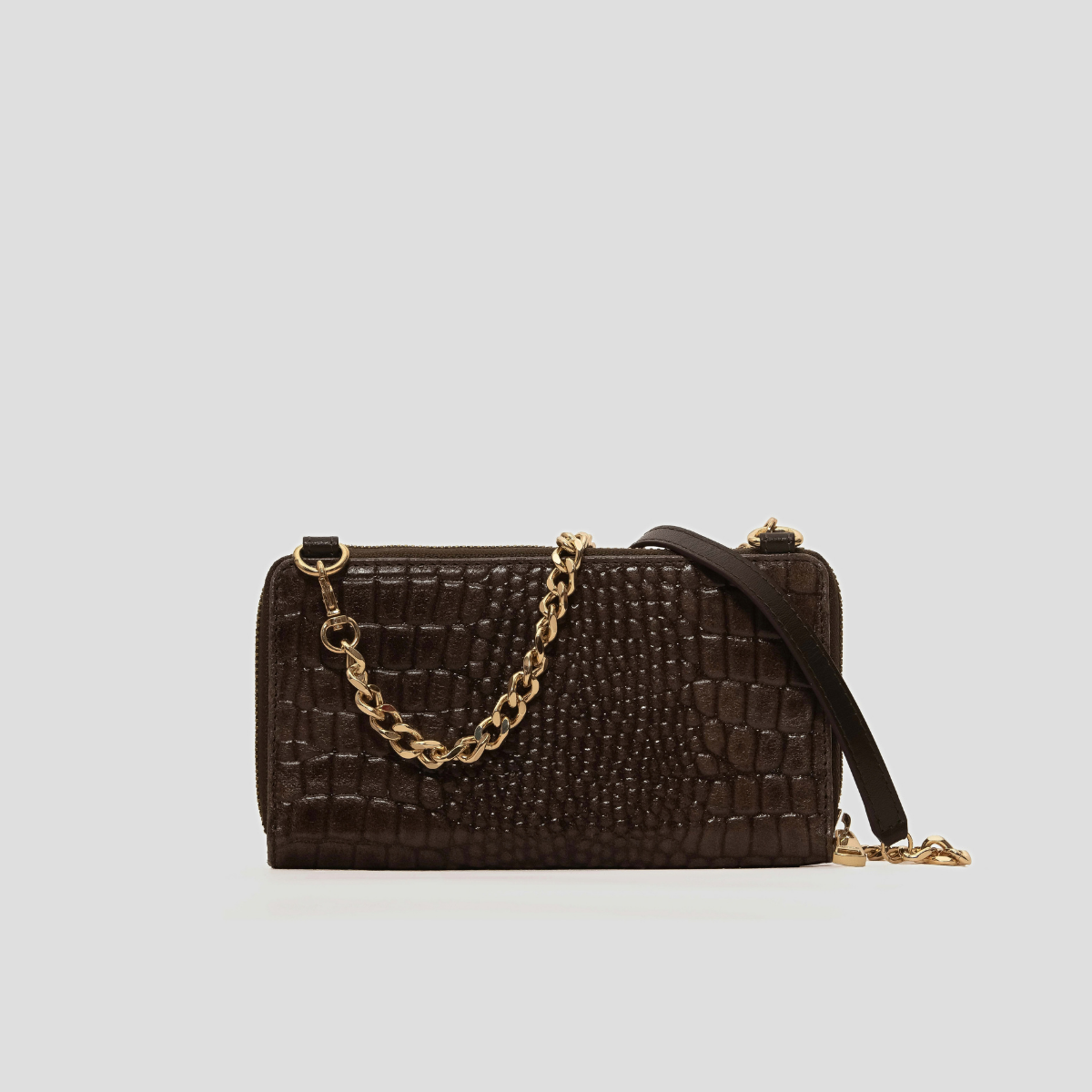 Lodis Amara Sling in Olivine - Back View Showing Olive Green Glossy Croco-Embossed Leather with Gold-Tone Chain and Leather Strap | Lodis 1965