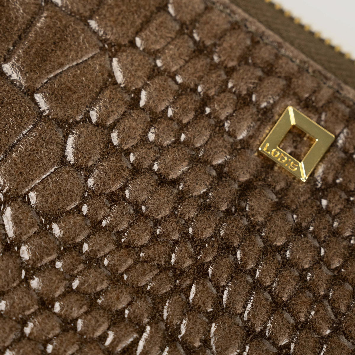 Lodis Amara Sling in Olivine - Close-Up of Gold-Tone Square Logo Plate on Olive Green Glossy Croco-Embossed Leather | Lodis 1965