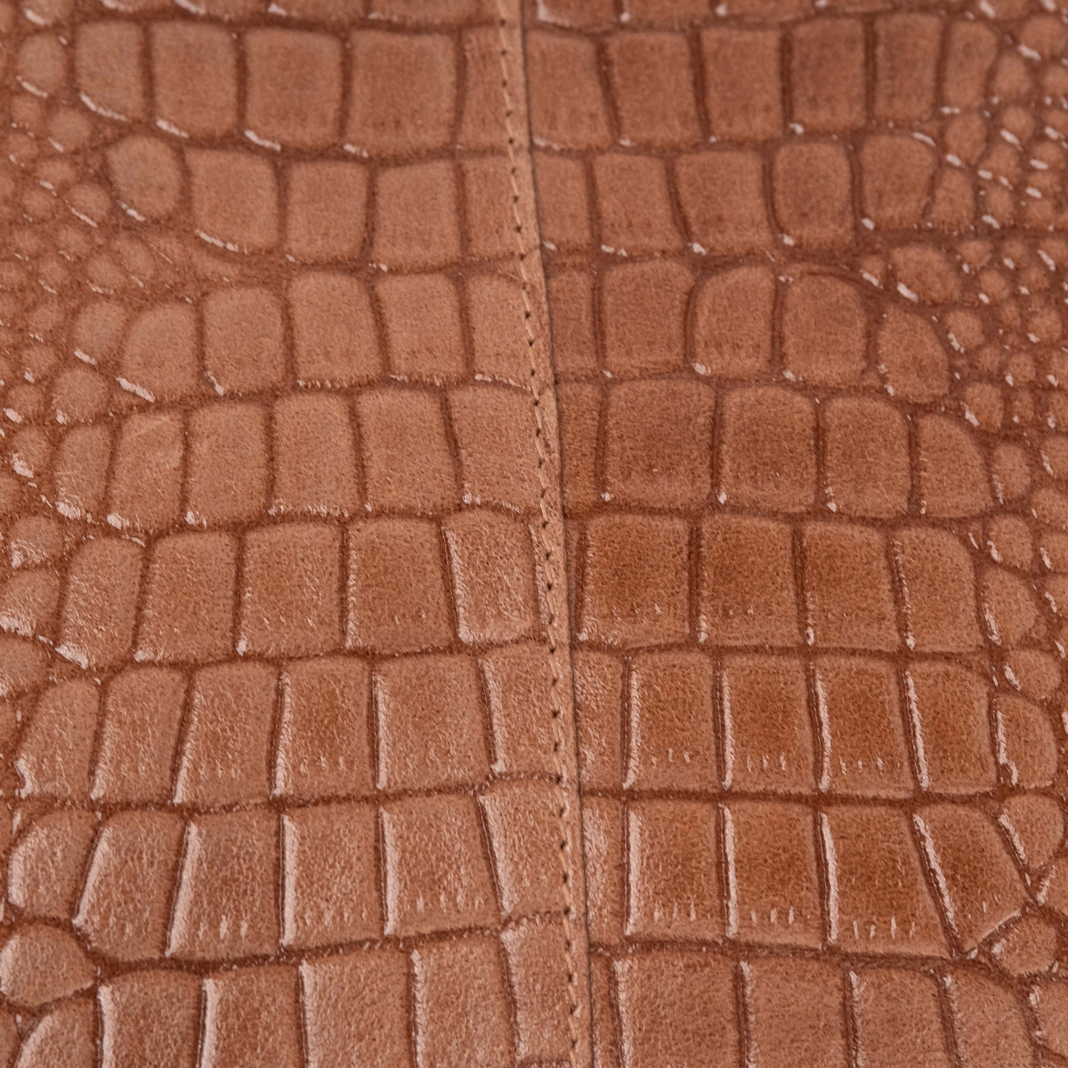 Lodis Amara Zip Pouch in Chestnut - Macro Texture Detail of Cognac Brown Glossy Croco-Embossed Leather with Center Seam | Lodis 1965