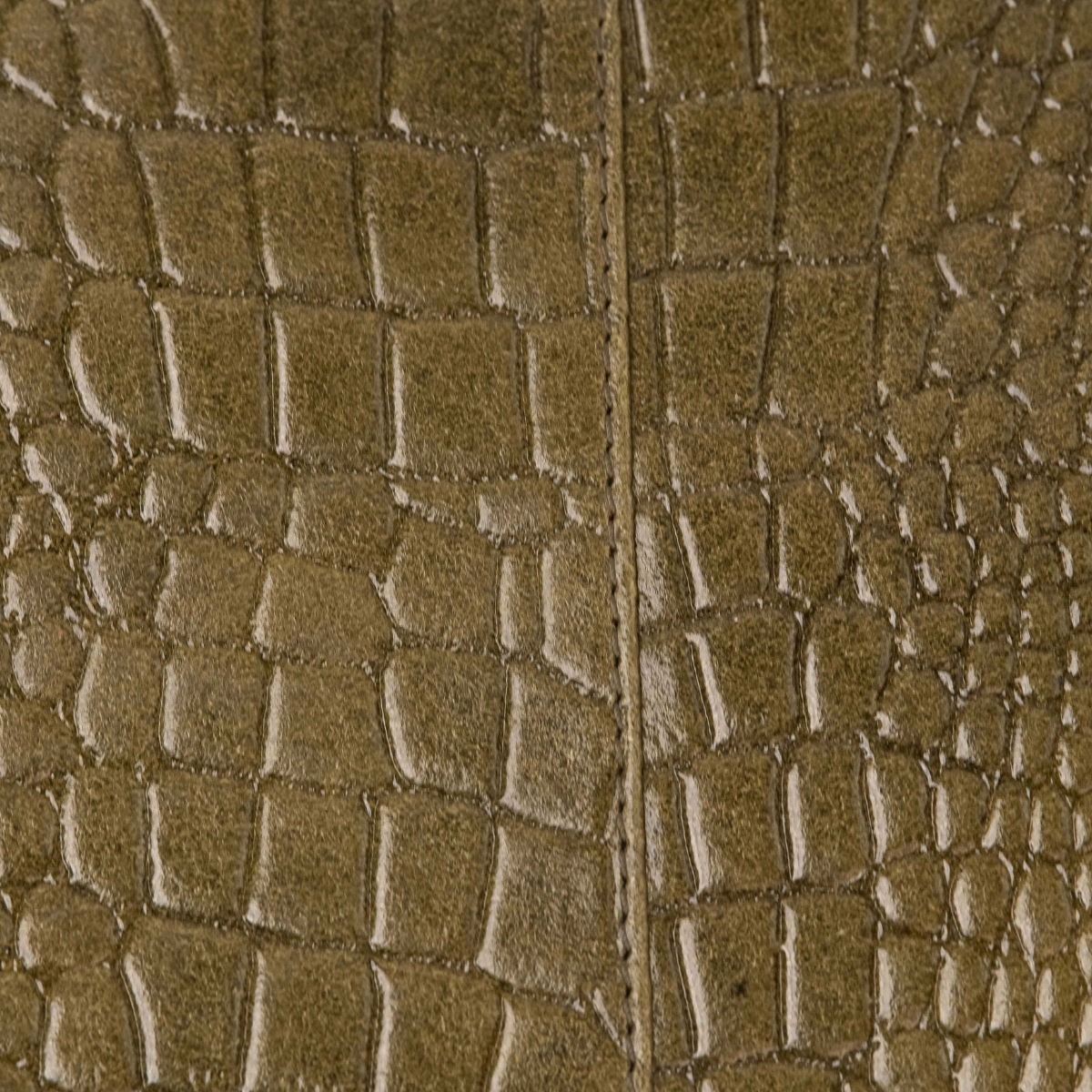 Lodis Amara Zip Pouch in Olivine - Macro Texture Detail of Olive Green Glossy Croco-Embossed Leather with Center Seam | Lodis 1965