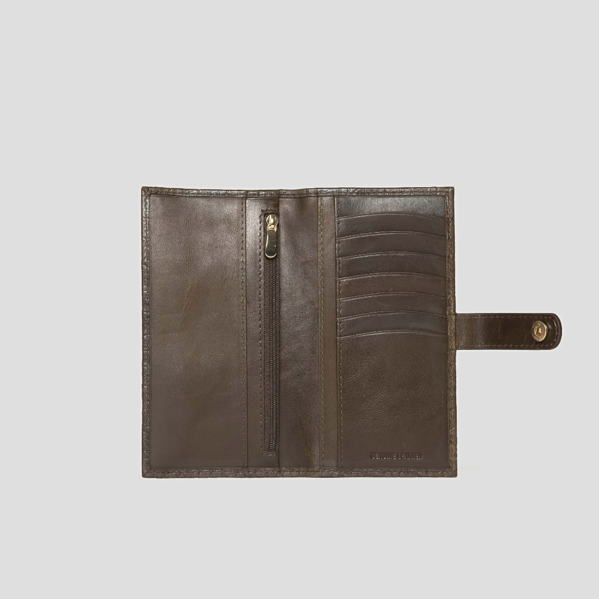 Lodis Blair Slim Wallet in Olivine - Interior View Open Flat Showing Eight Card Slots, Vertical Zip Pocket and Bill Compartment with Snap-Tab Extended | Lodis 1965