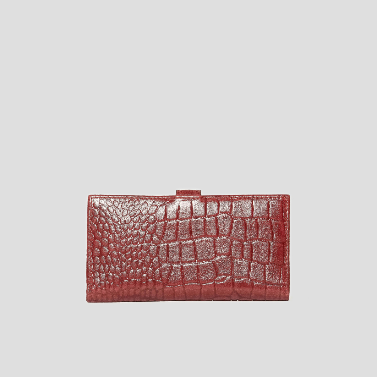 Lodis Blair Slim Wallet in Samba - Back View Showing Deep Red Glossy Croco-Embossed Glazed Leather with Mixed Scale Texture and Top Snap-Tab Edge | Lodis 1965