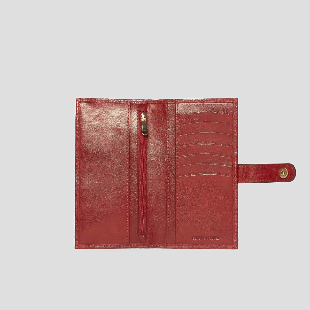 Lodis Blair Slim Wallet in Samba - Interior View Open Flat Showing Eight Card Slots, Vertical Zip Pocket and Bill Compartment in Deep Red Leather with Snap-Tab Extended | Lodis 1965