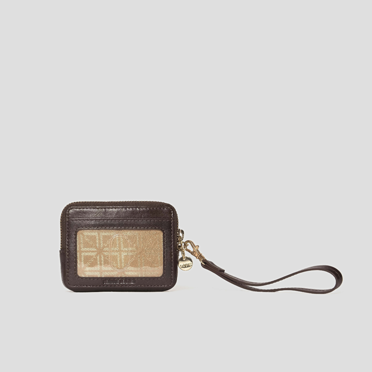 Lodis Blair Trouble Card Case in Brown - Back View with Clear ID Window over Lodis Monogram Insert, Dark Chocolate Glazed Leather Frame and Wristlet Strap | Lodis 1965