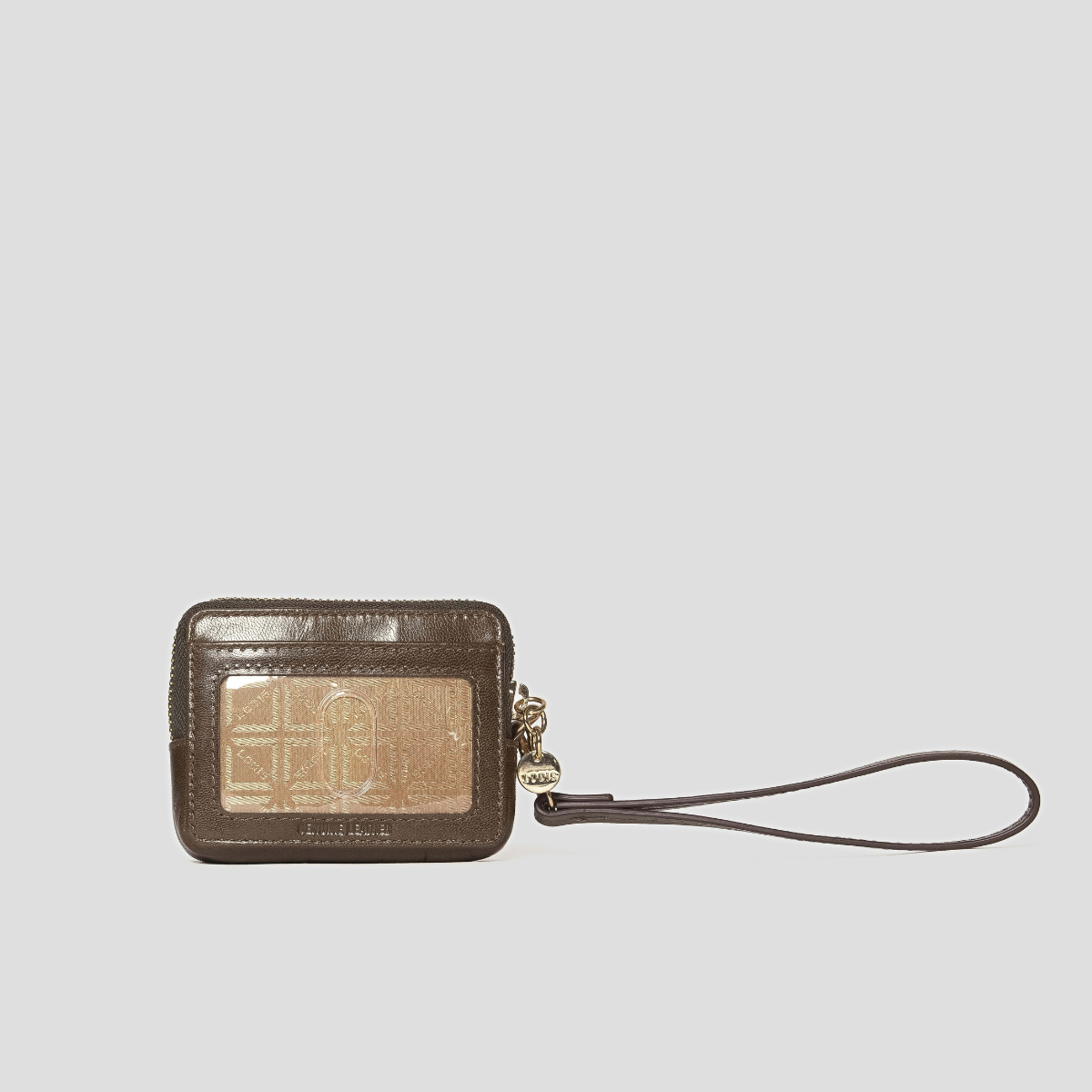 Lodis Blair Trouble Card Case in Olivine - Back View Featuring Clear ID Window with Lodis Monogram Insert, Olive Green Glazed Leather Trim and Detachable Wristlet Strap | Lodis 1965