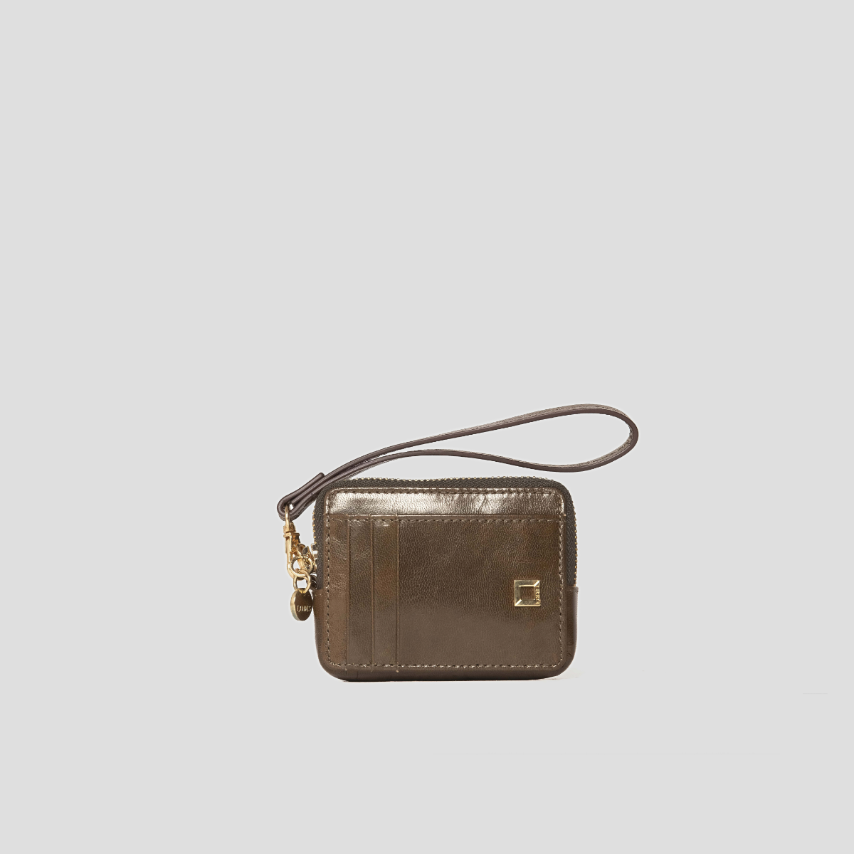 Lodis Blair Trouble Card Case in Olivine - Front View, Olive Green Glazed Leather Zip Card Case with Lustrous Sheen, Wristlet Strap, Exterior Card Slots and Gold-Tone Logo Charm | Lodis 1965