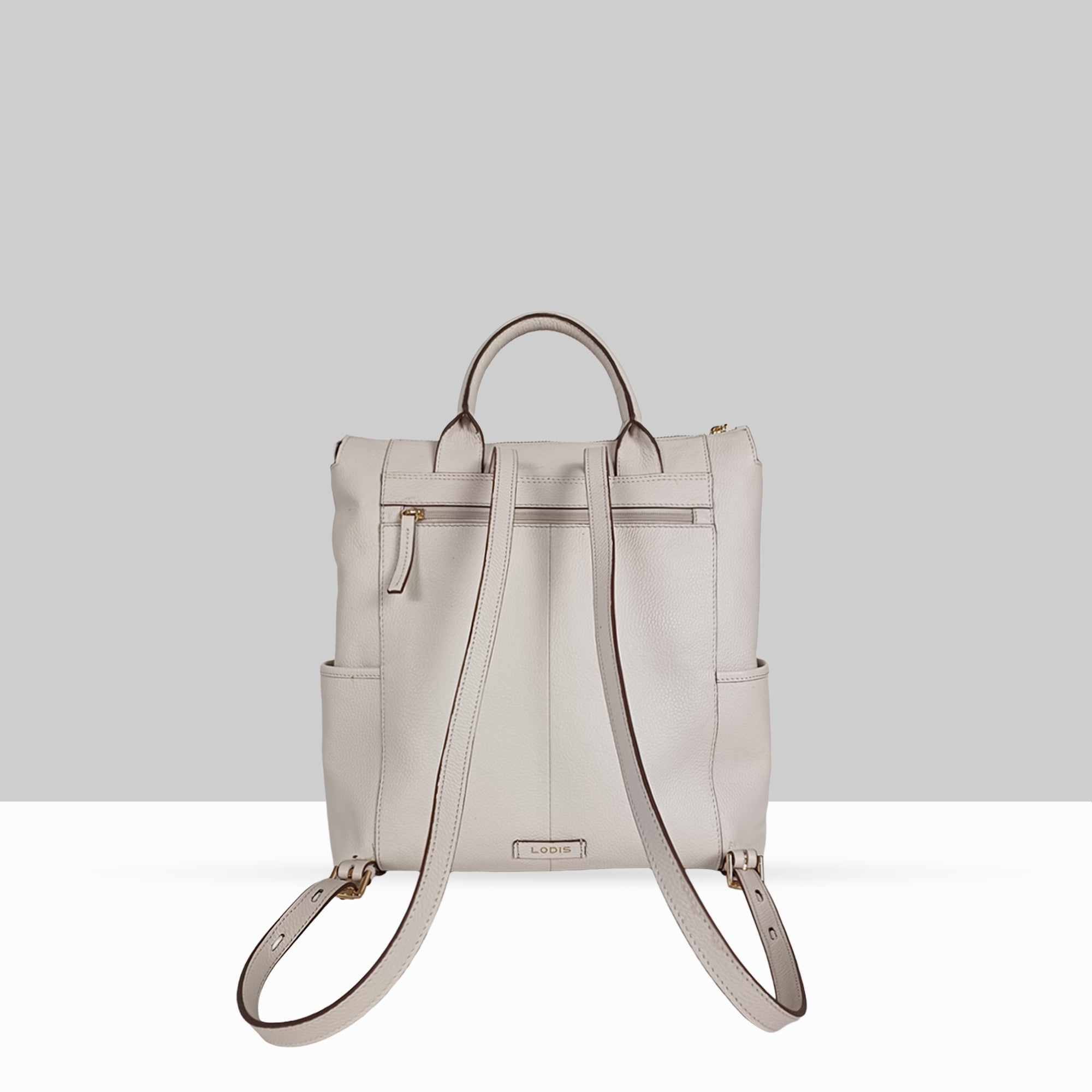 Lodis Catalina 2.0 Leather Backpack in White – Back View Showing Adjustable Backpack Straps, Padded Panel, Back Zip Pocket, and Lodis Logo Plate | Lodis 1965