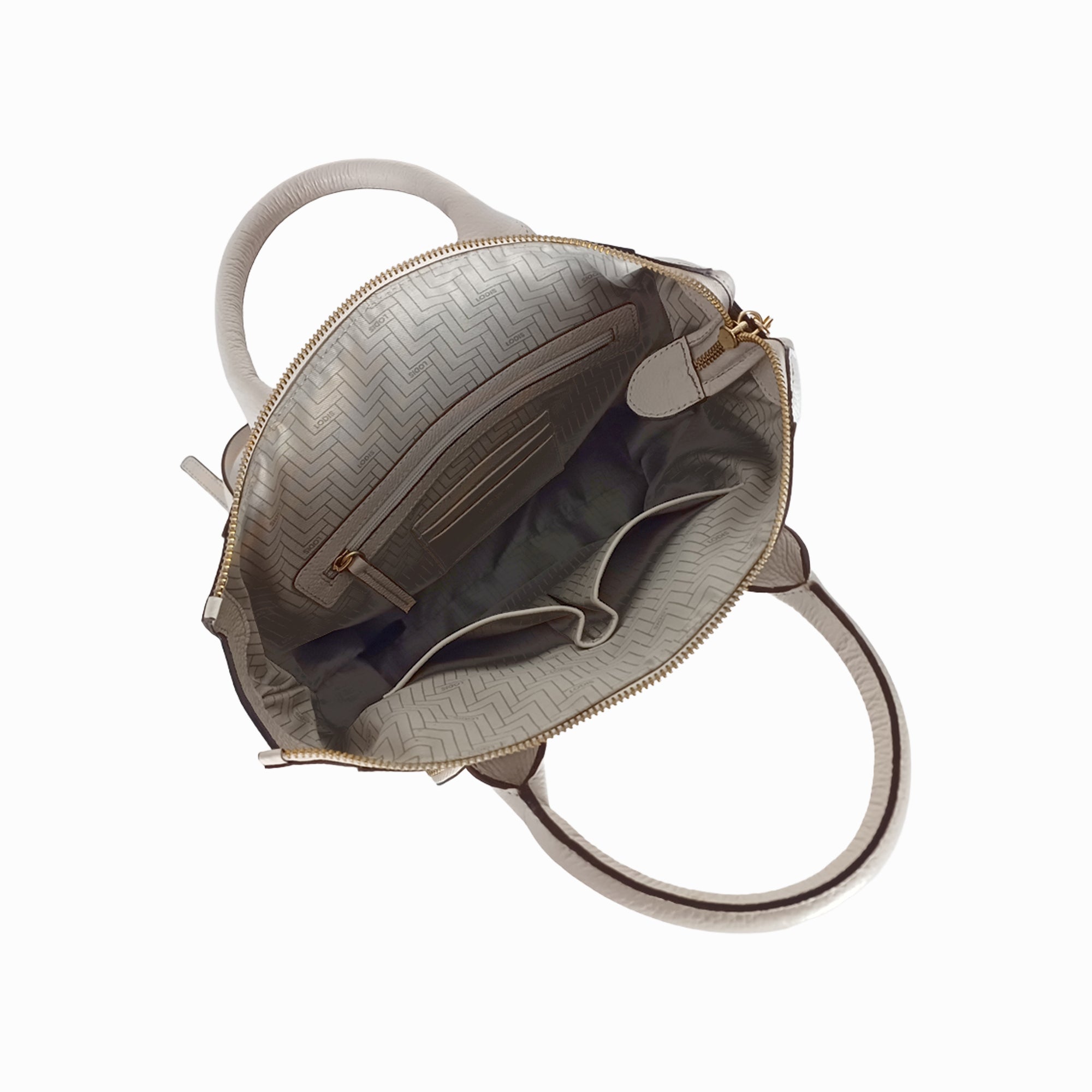 Lodis Catalina 2.0 Leather Backpack in White – Interior View Showing Herringbone Lining, Interior Zip Pocket, Multiple Slip Pockets, and Gold-Tone Hardware | Lodis 1965