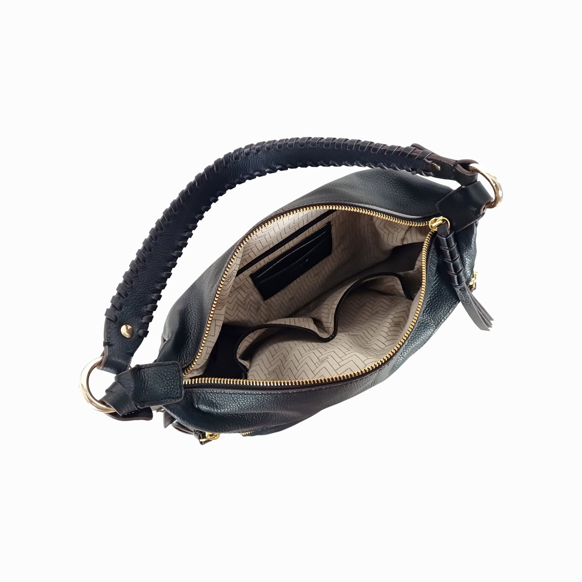 Lodis Catalina 2.0 Hobo in Black – Interior View, Printed Fabric Lining with Zip Pocket and Gold-Tone Hardware | Lodis 1965