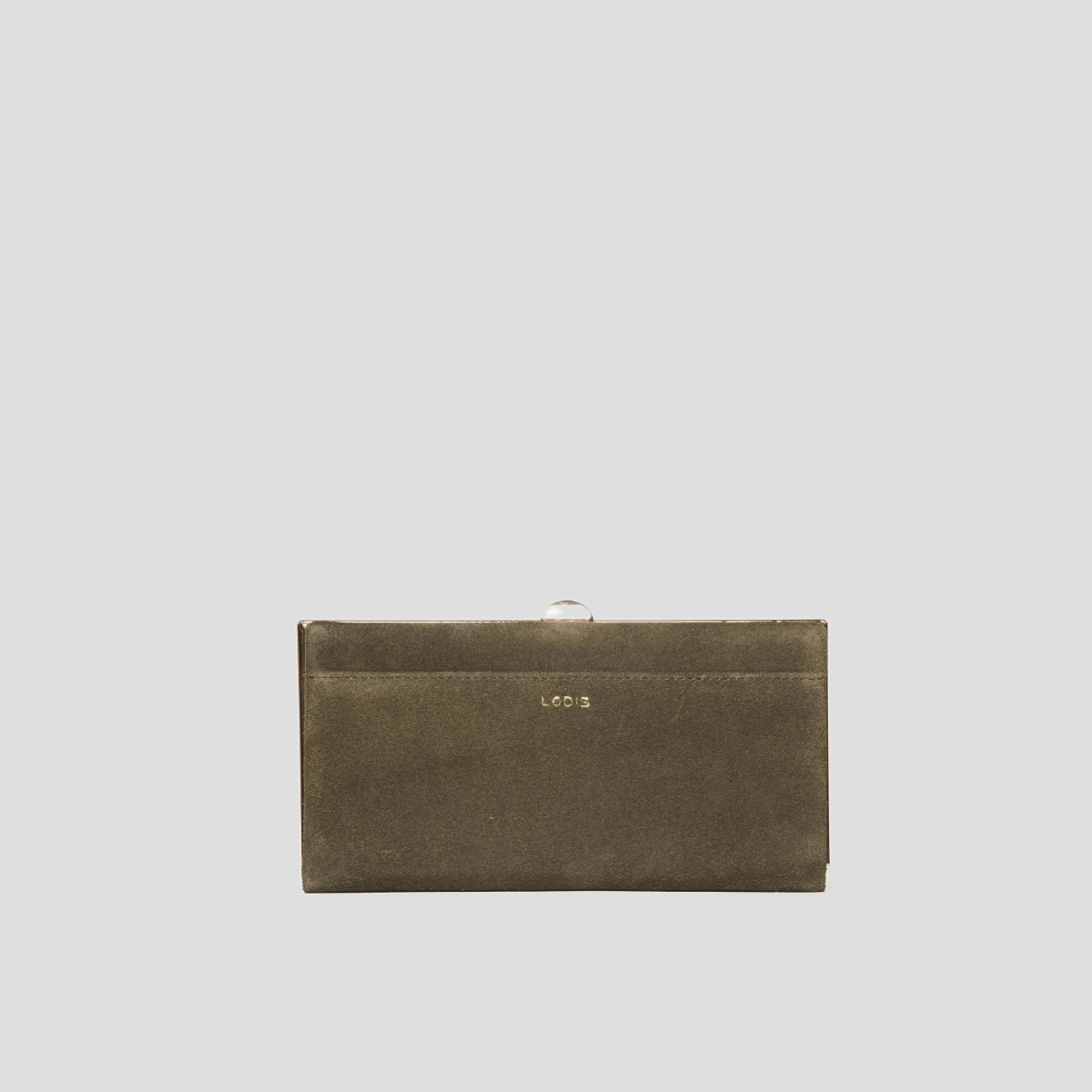 Lodis Celara Frame Clutch in Olivine - Back View with Exterior Slip Pocket and Gold Lodis Logo on Olive Green Texas Suede | Lodis 1965