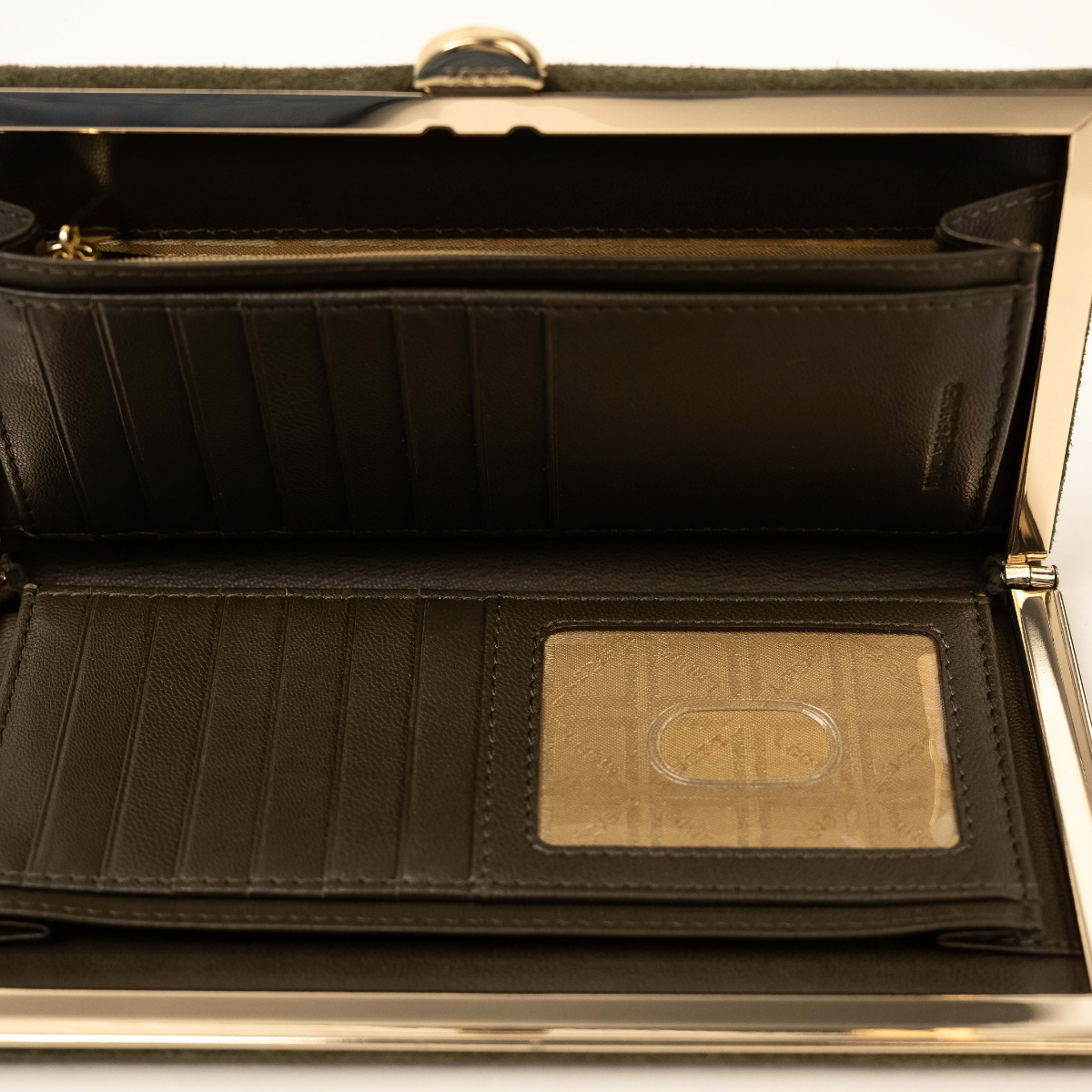 Lodis Celara Frame Clutch in Olivine - Interior View Open Showing Multiple Card Slots, Zip Compartment, Clear ID Window and Gold-Tone Frame, Leather Lined | Lodis 1965