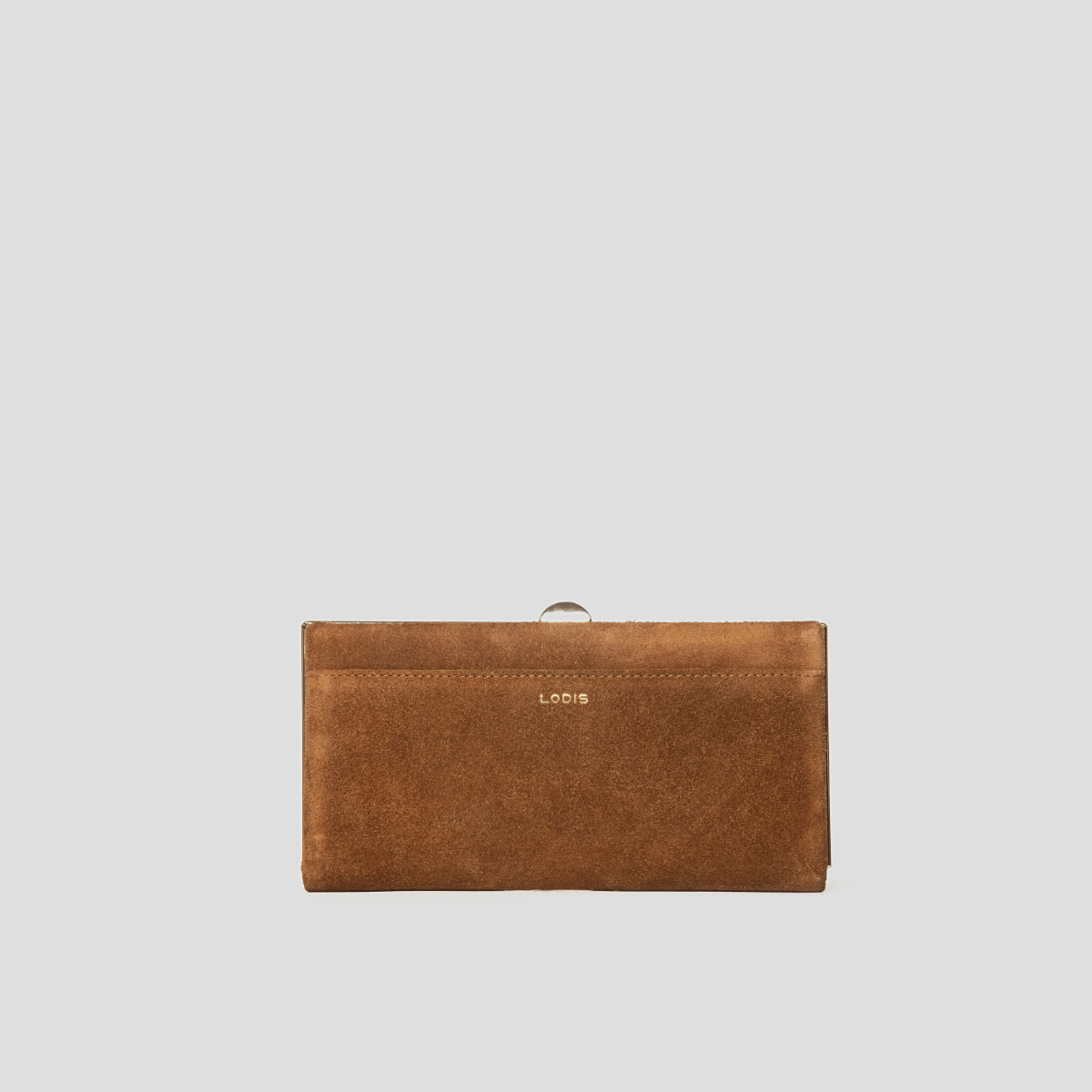 Lodis Celara Frame Clutch in Tan - Back View Showing Exterior Slip Pocket and Gold Lodis Logo Stamp on Texas Suede | Lodis 1965