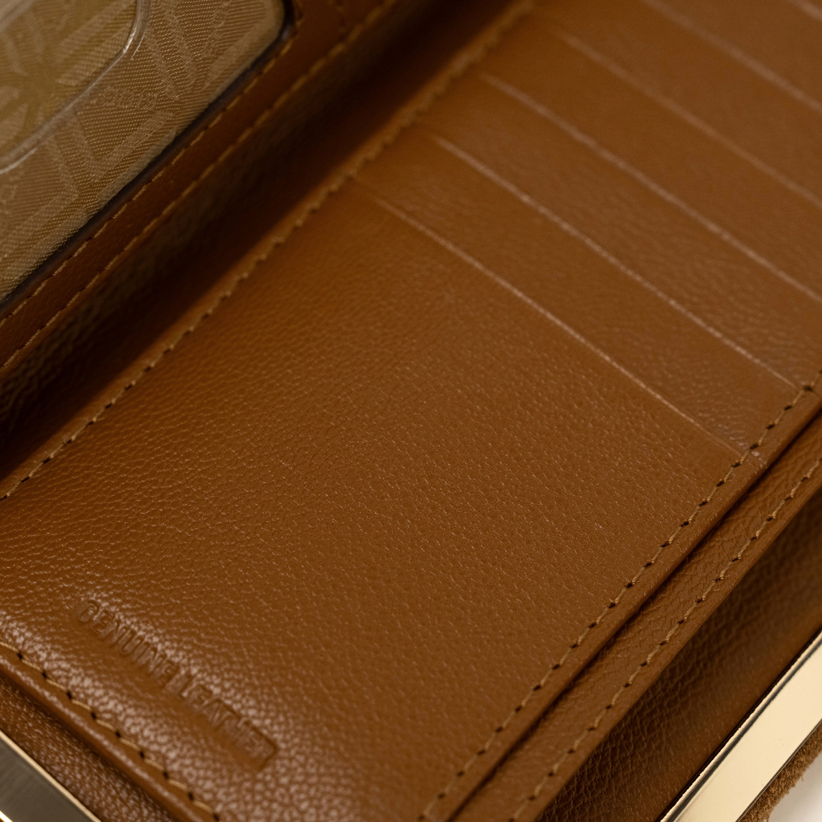 Lodis Celara Frame Clutch in Tan - Interior Close-Up Showing Pebbled Genuine Leather Card Slots, Contrast Stitching and Gold-Tone Frame Edge | Lodis 1965