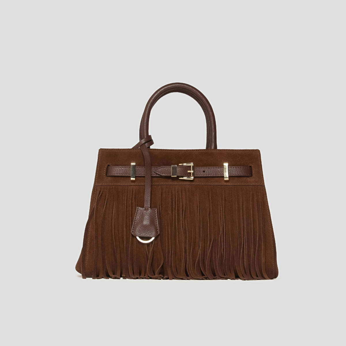 Lodis Ceres Satchel in Brown - Front View Showing Full Suede Fringe, Belted Texas Leather Strap with Gold-Tone Buckle and Leather Hang Tag | Lodis 1965