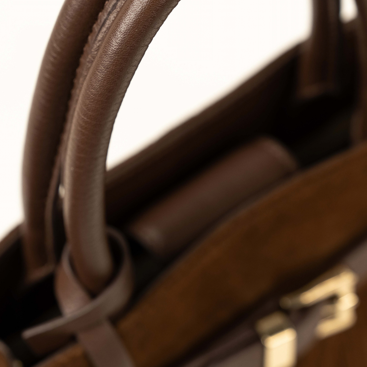 Lodis Ceres Satchel in Brown - Close-Up of Rolled Texas Leather Top Handles and Gold-Tone Hardware | Lodis 1965