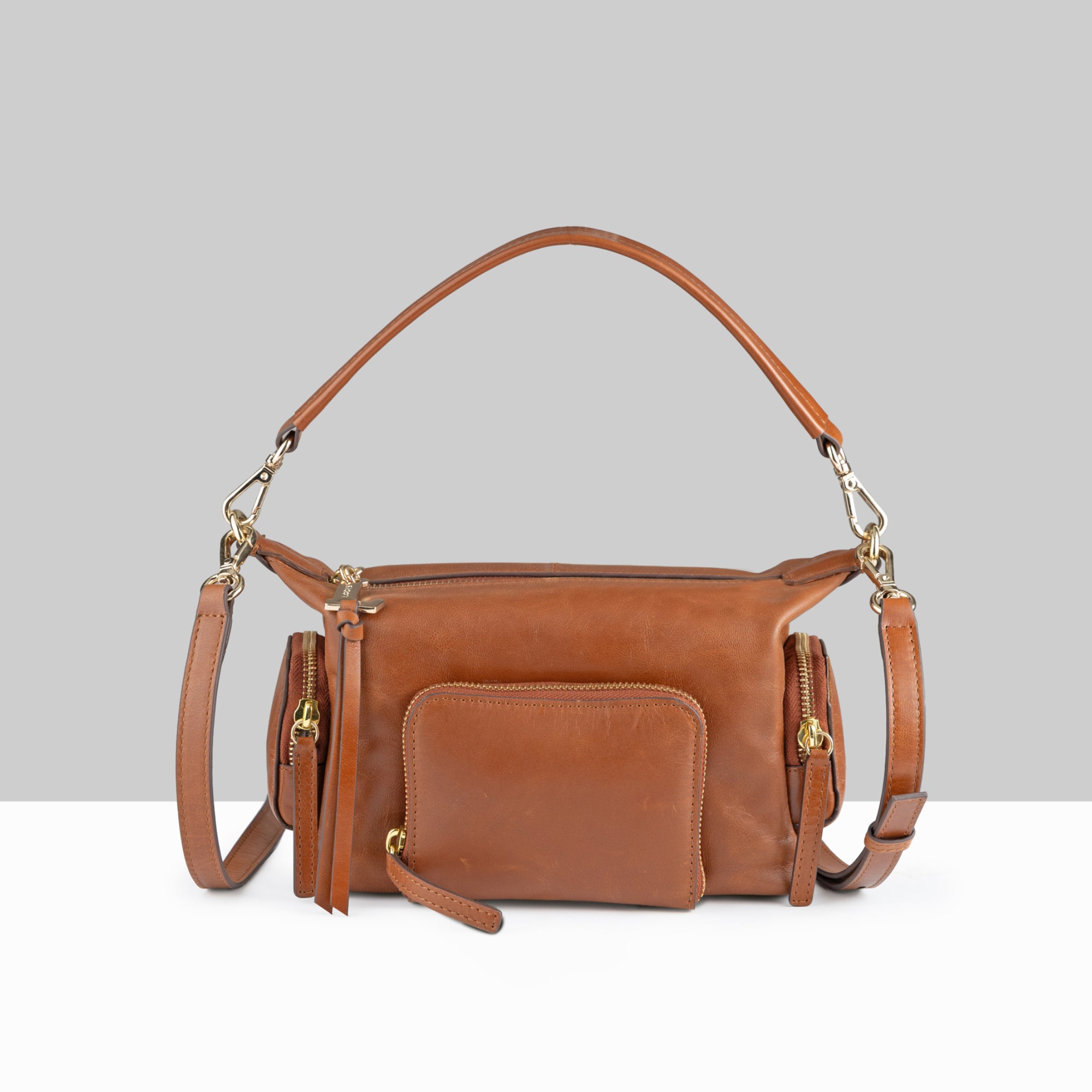 Lodis Jill TH Crossbody in Chestnut – Front View, Polished Genuine Leather with Front Zip Pocket and Gold-Tone Hardware | Lodis 1965