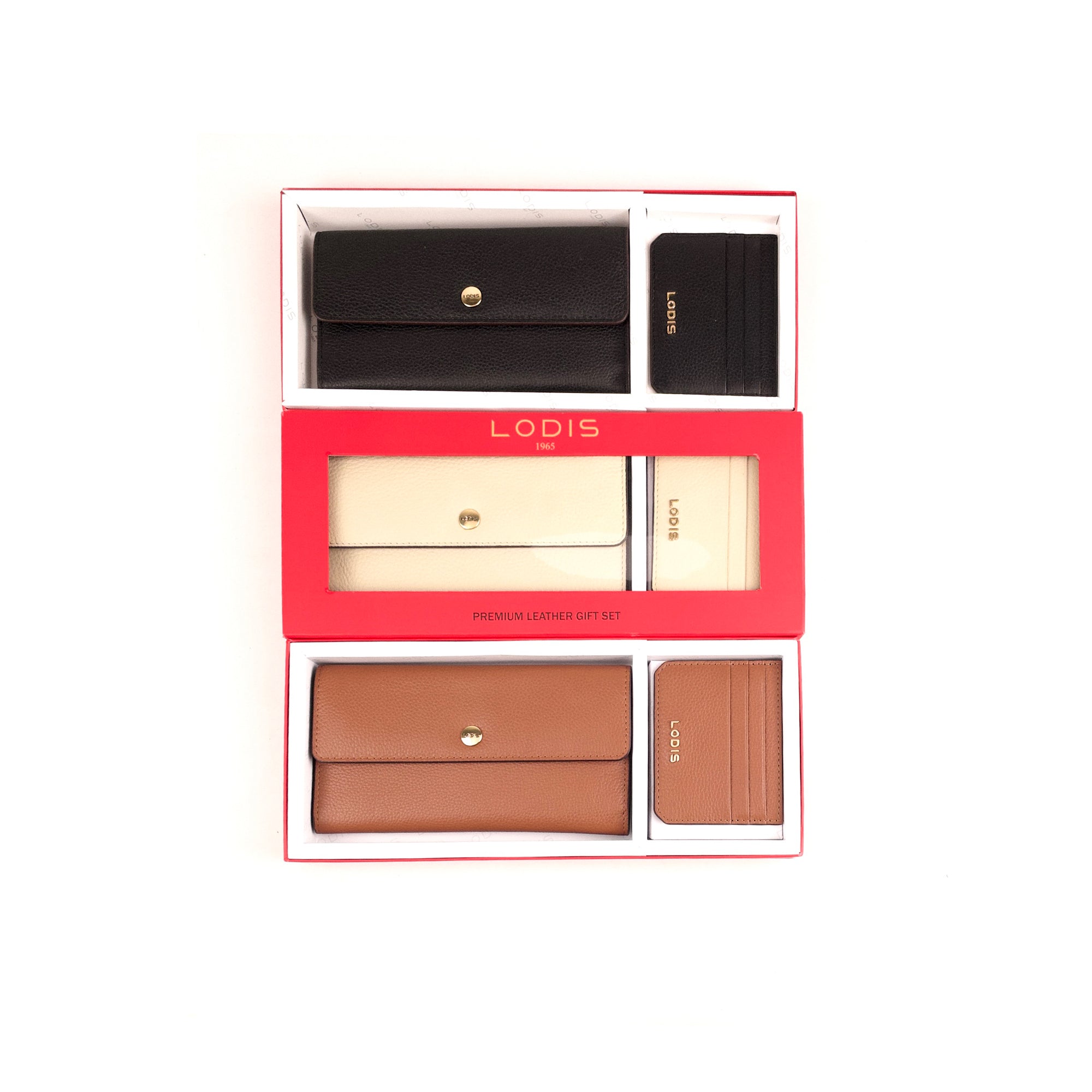 Lodis Kate Large Flap Wallet and Card Case Gift Set – Overhead View of All Three Colorways in Gift Box, Black, Cream, and Tan Pebbled Leather | Lodis 1965