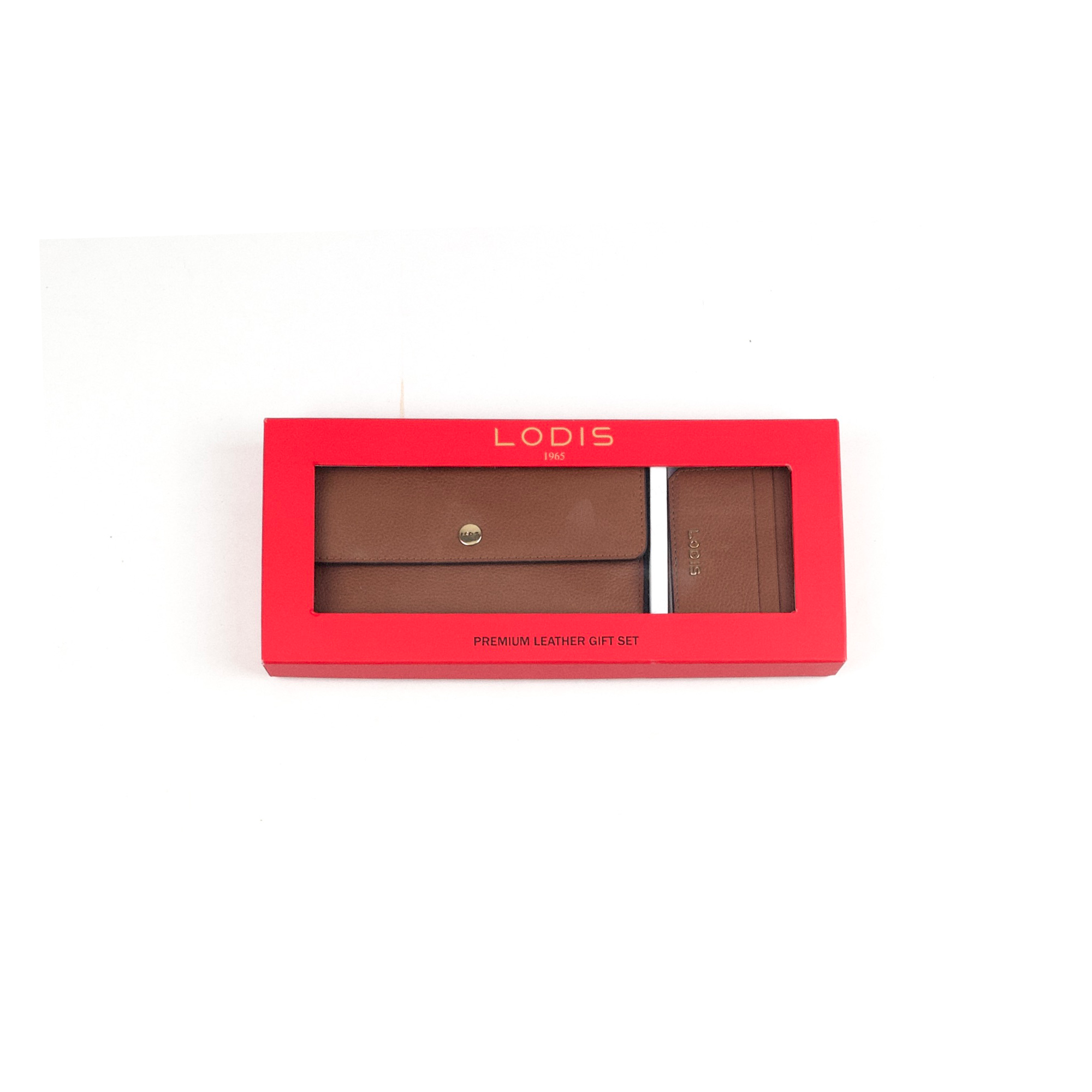 Lodis Kate Large Flap Wallet and Card Case in Tan – Open Red Gift Box Front View, Premium Leather Gift Set with RFID Blocking Protection | Lodis 1965