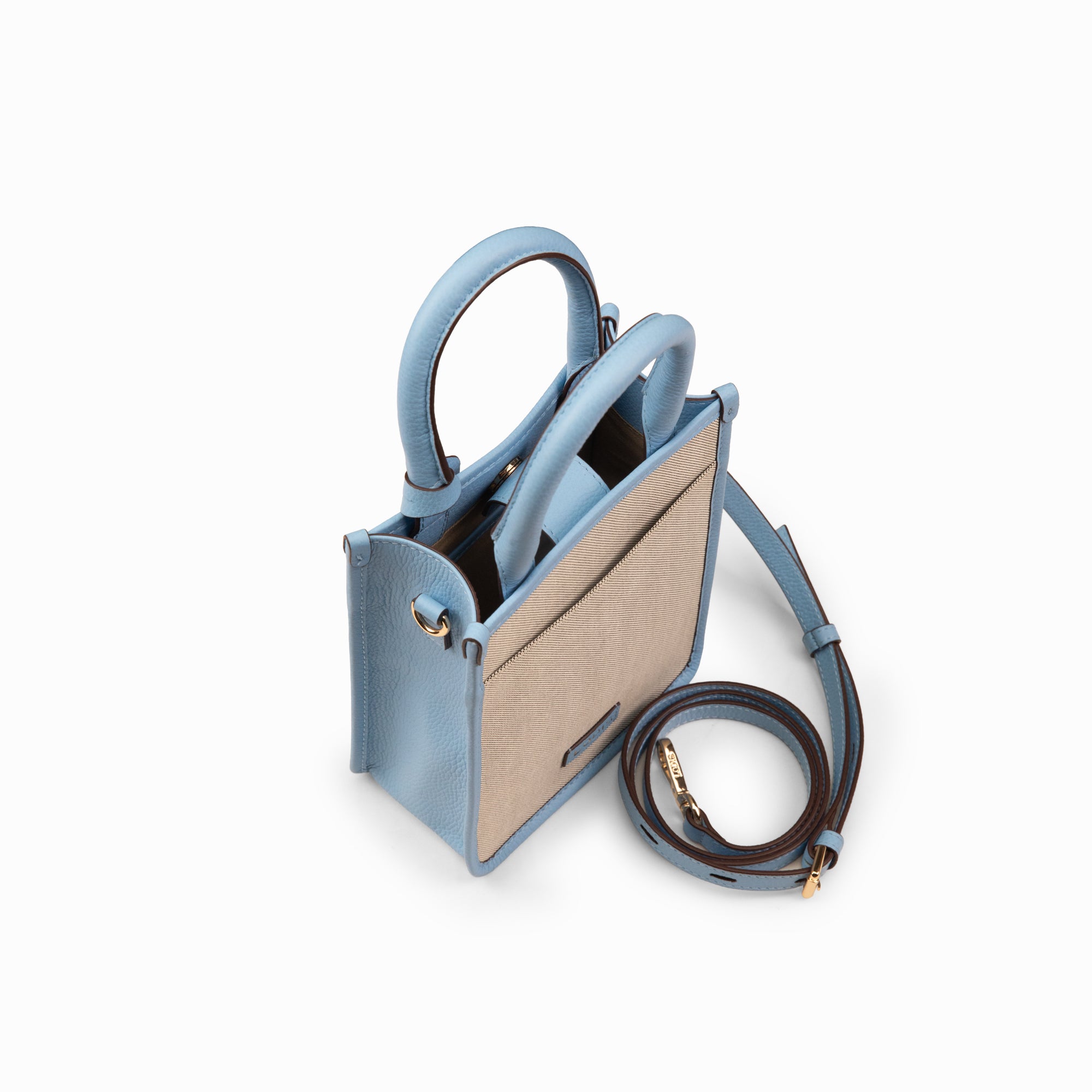 Lodis Kiara City Crossbody in Aura – Overhead Angle View Showing Open Top, Interior and Detachable Crossbody Strap | Lodis 1965